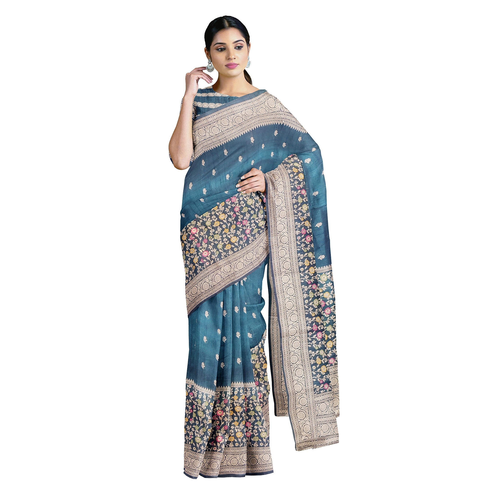 Green Raw Silk Saree – Floral Work & Tassels – Shop Online