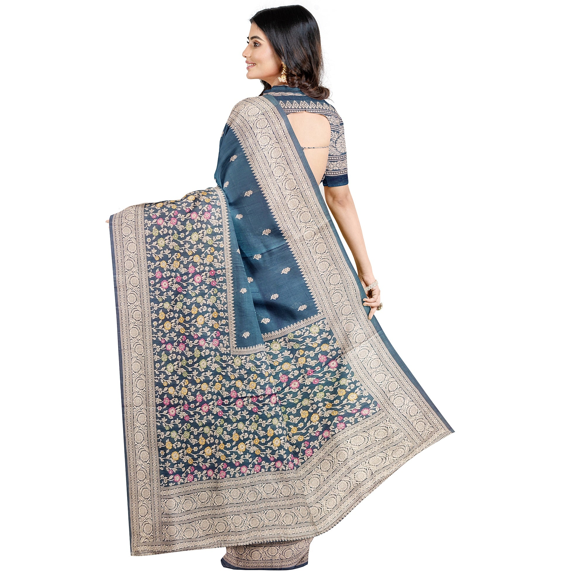 Green Raw Silk Saree – Floral Work & Tassels – Shop Online
