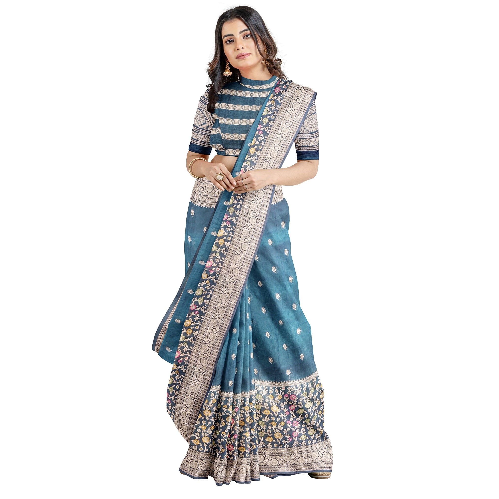 Green Raw Silk Saree – Floral Work & Tassels – Shop Online