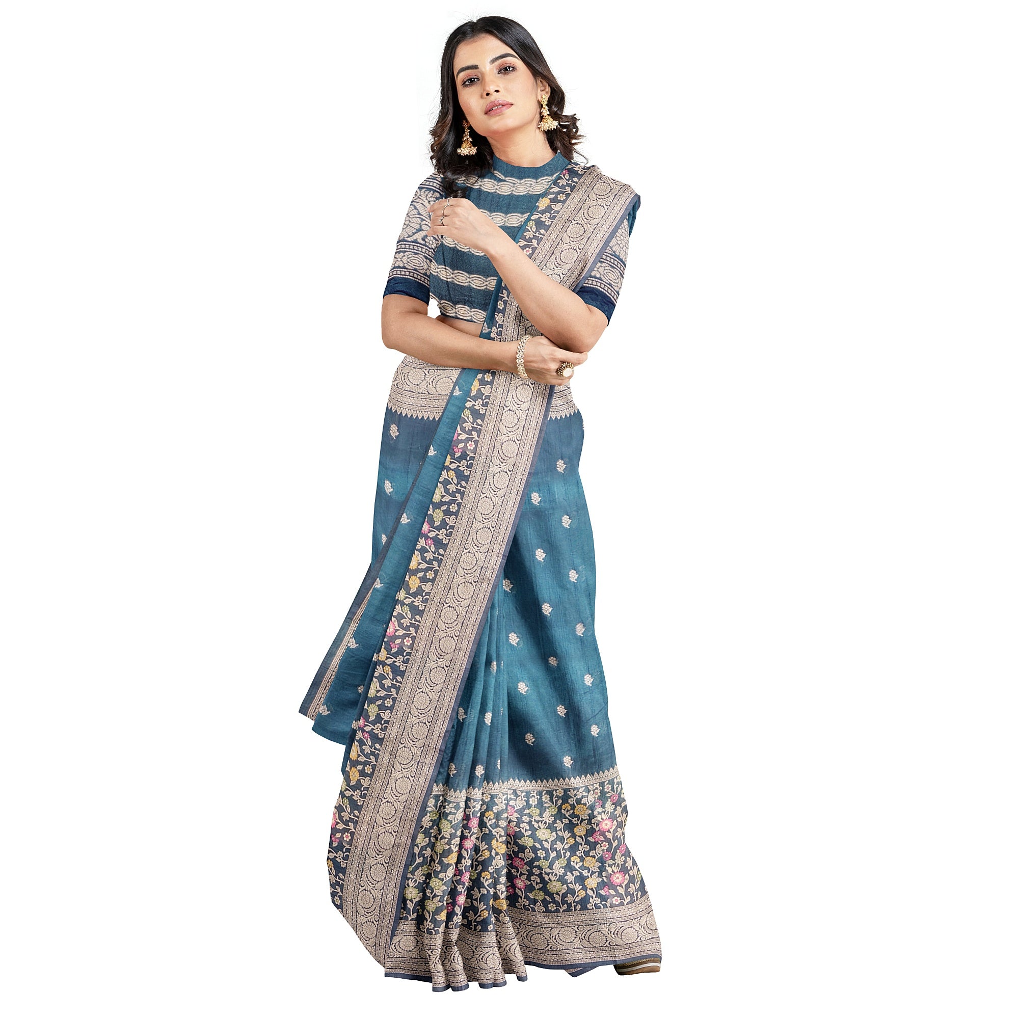Green Raw Silk Saree – Floral Work & Tassels – Shop Online