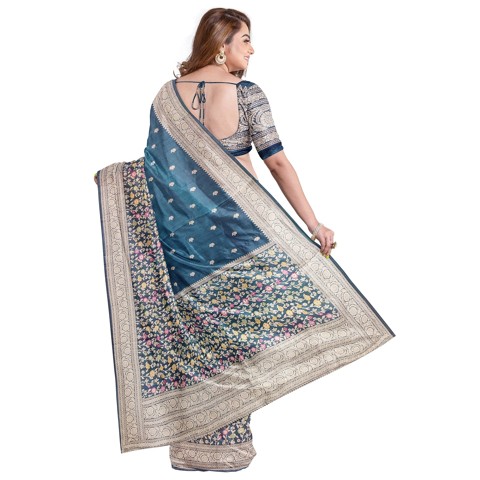 Green Raw Silk Saree – Floral Work & Tassels – Shop Online