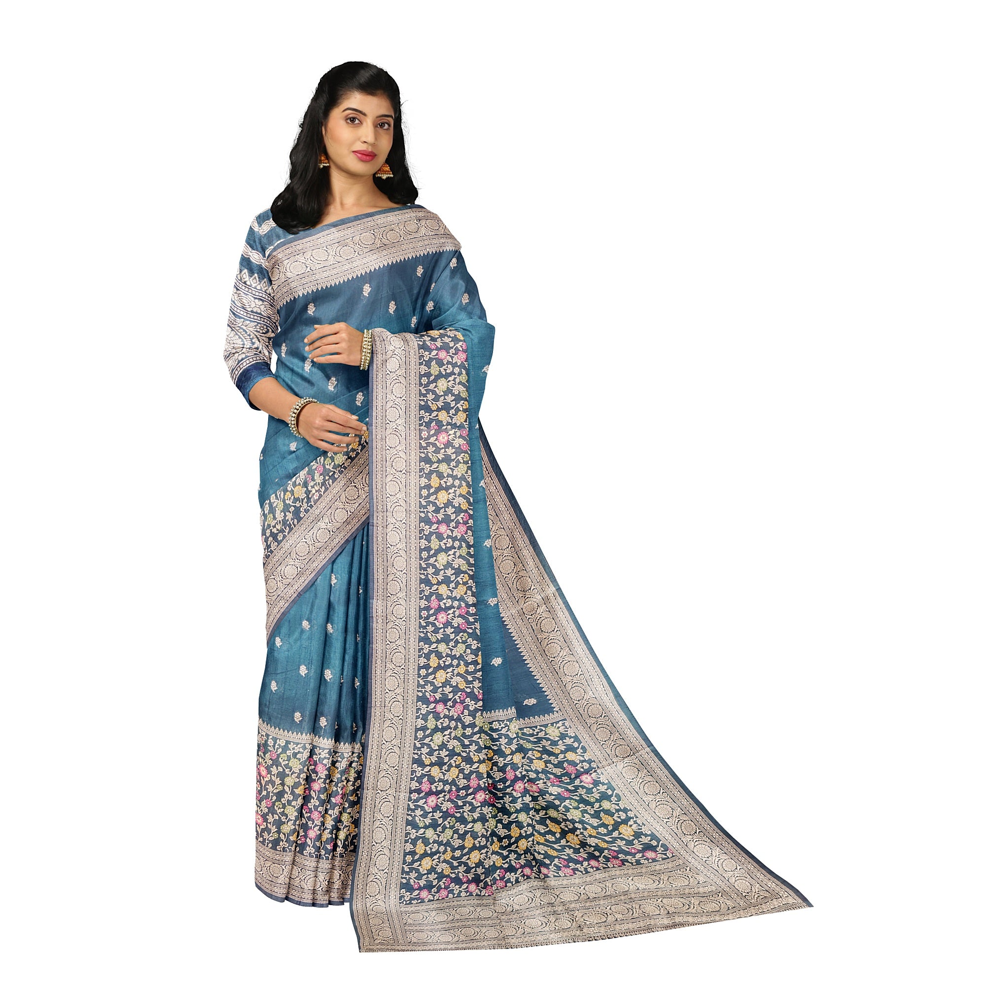 Green Raw Silk Saree – Floral Work & Tassels – Shop Online