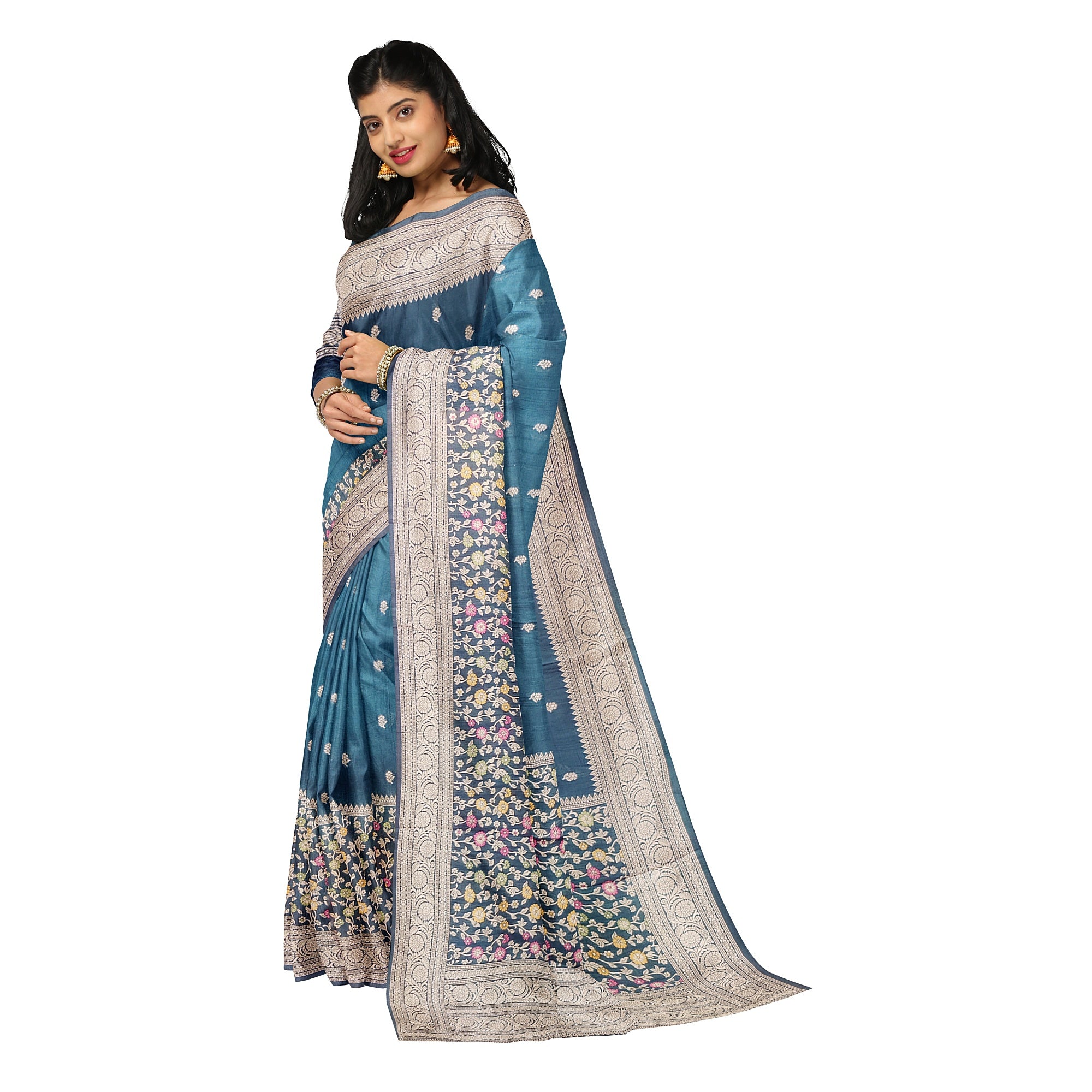 Green Raw Silk Saree – Floral Work & Tassels – Shop Online