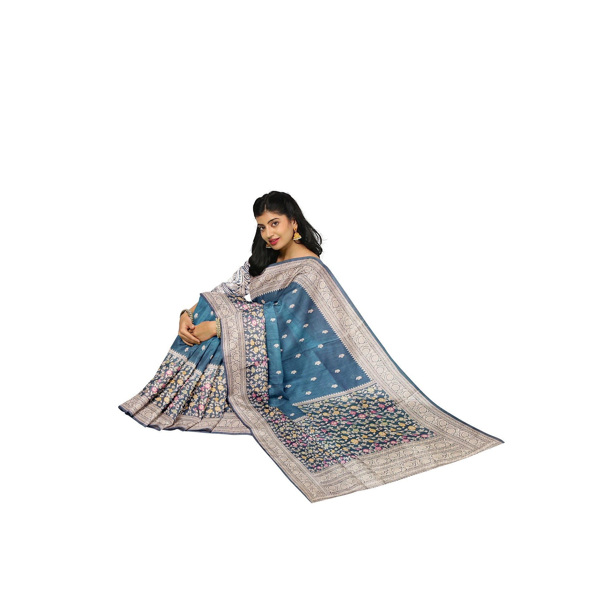 Green Raw Silk Saree – Floral Work & Tassels – Shop Online