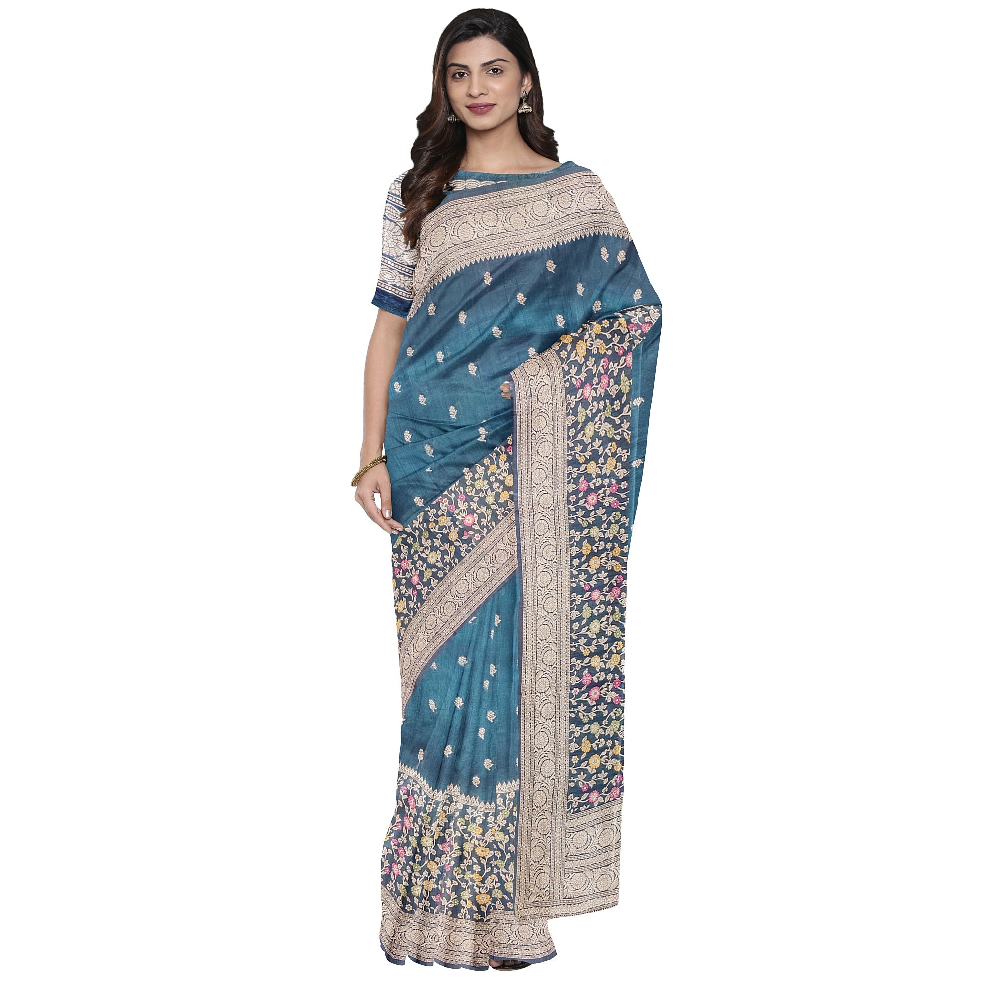 Green Raw Silk Saree – Floral Work & Tassels – Shop Online