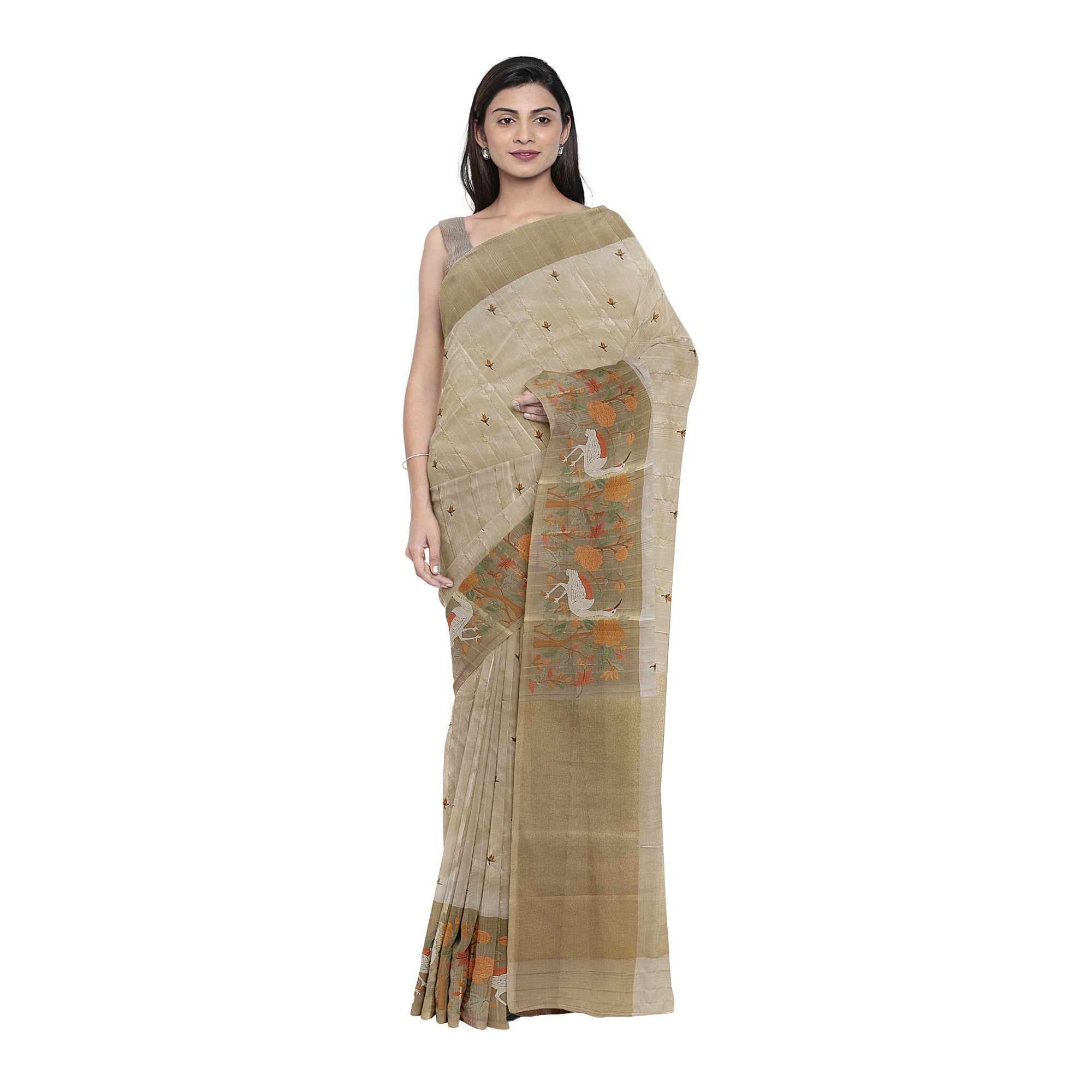 Designer Flamingo Raw Silk Saree with Border – Shop Online