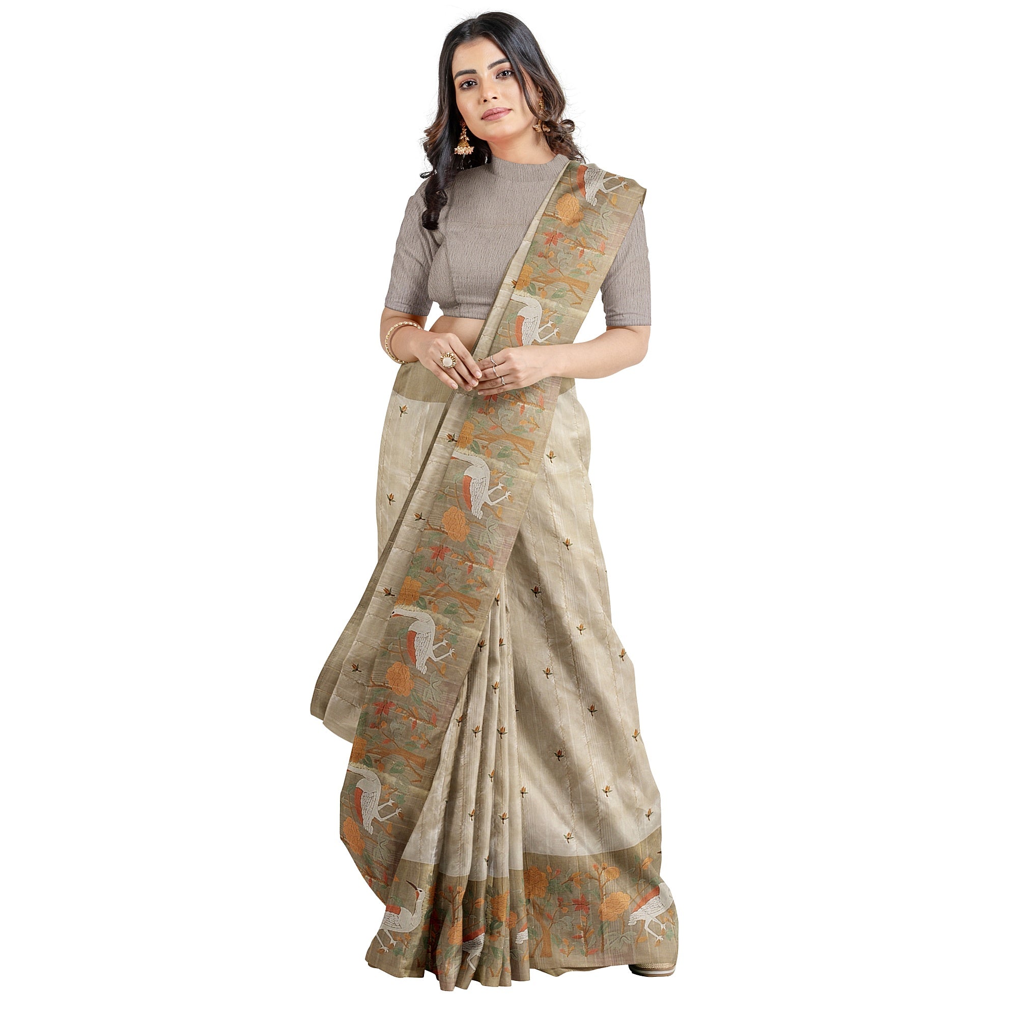 Designer Flamingo Raw Silk Saree with Border – Shop Online