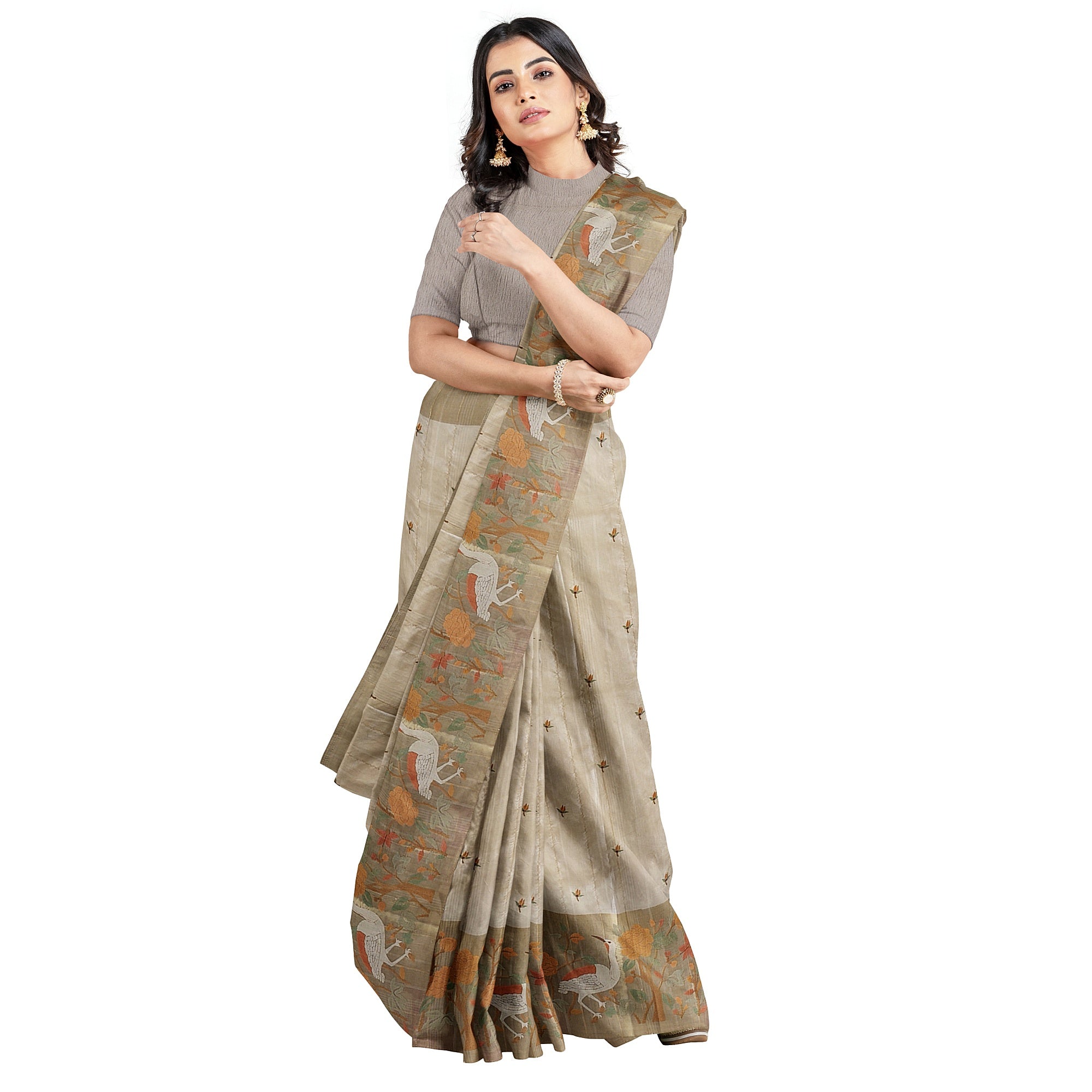 Designer Flamingo Raw Silk Saree with Border – Shop Online
