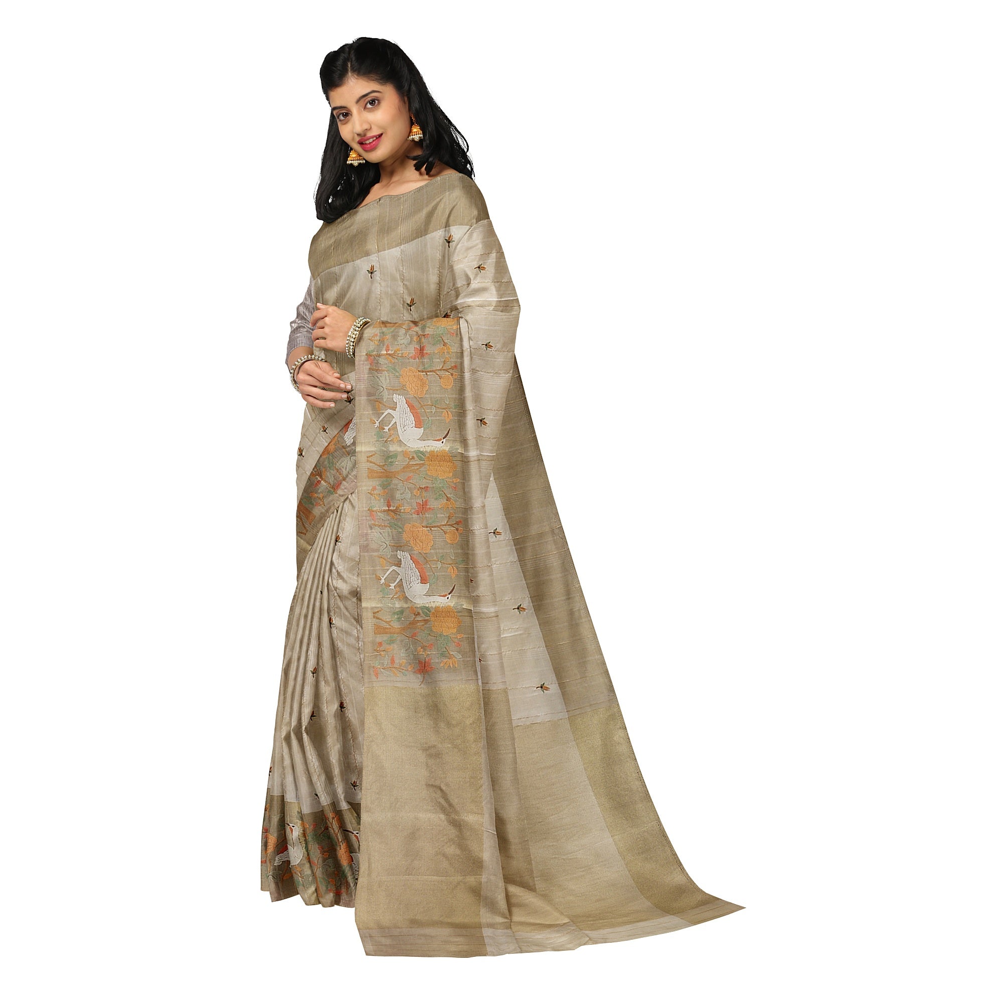 Designer Flamingo Raw Silk Saree with Border – Shop Online