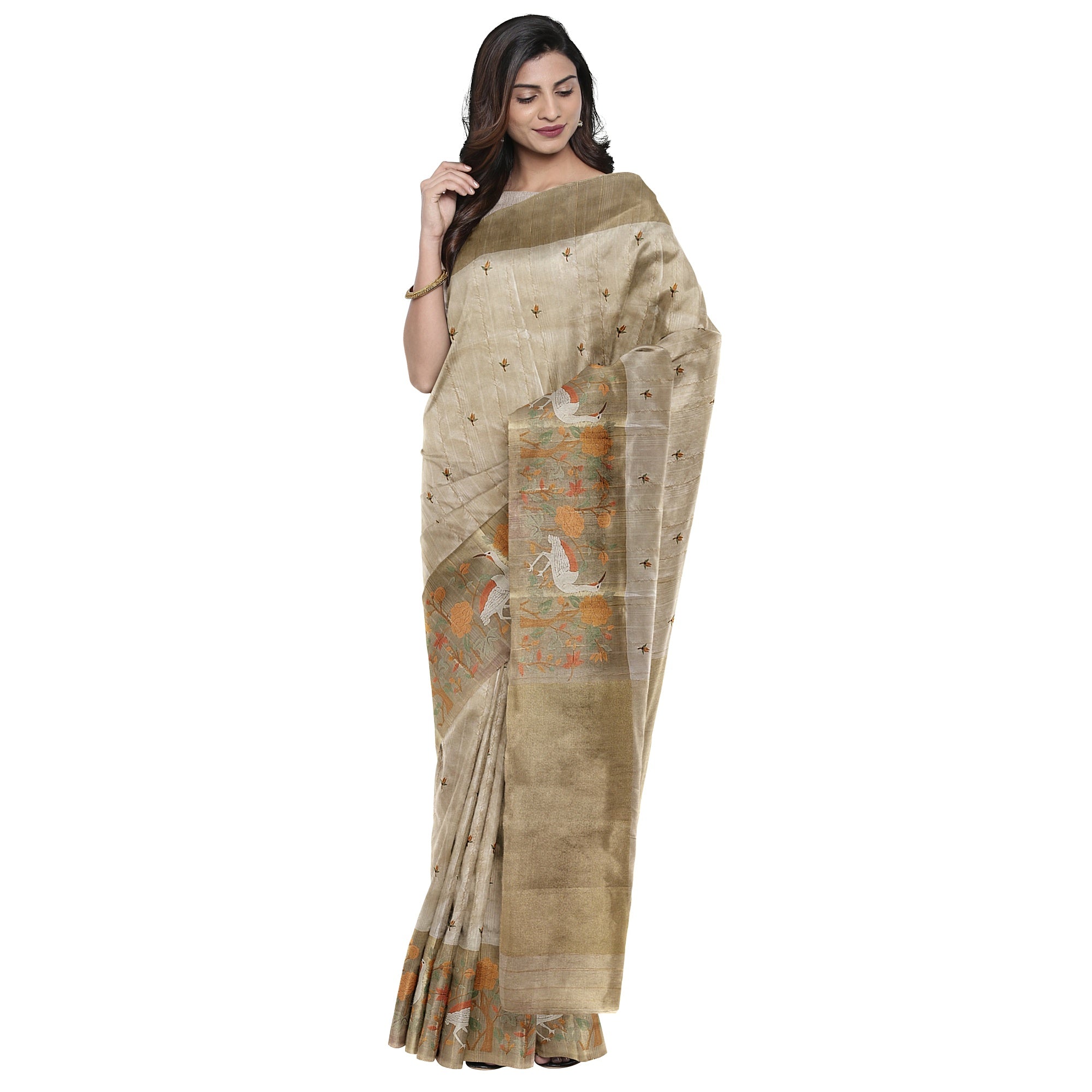 Designer Flamingo Raw Silk Saree with Border – Shop Online