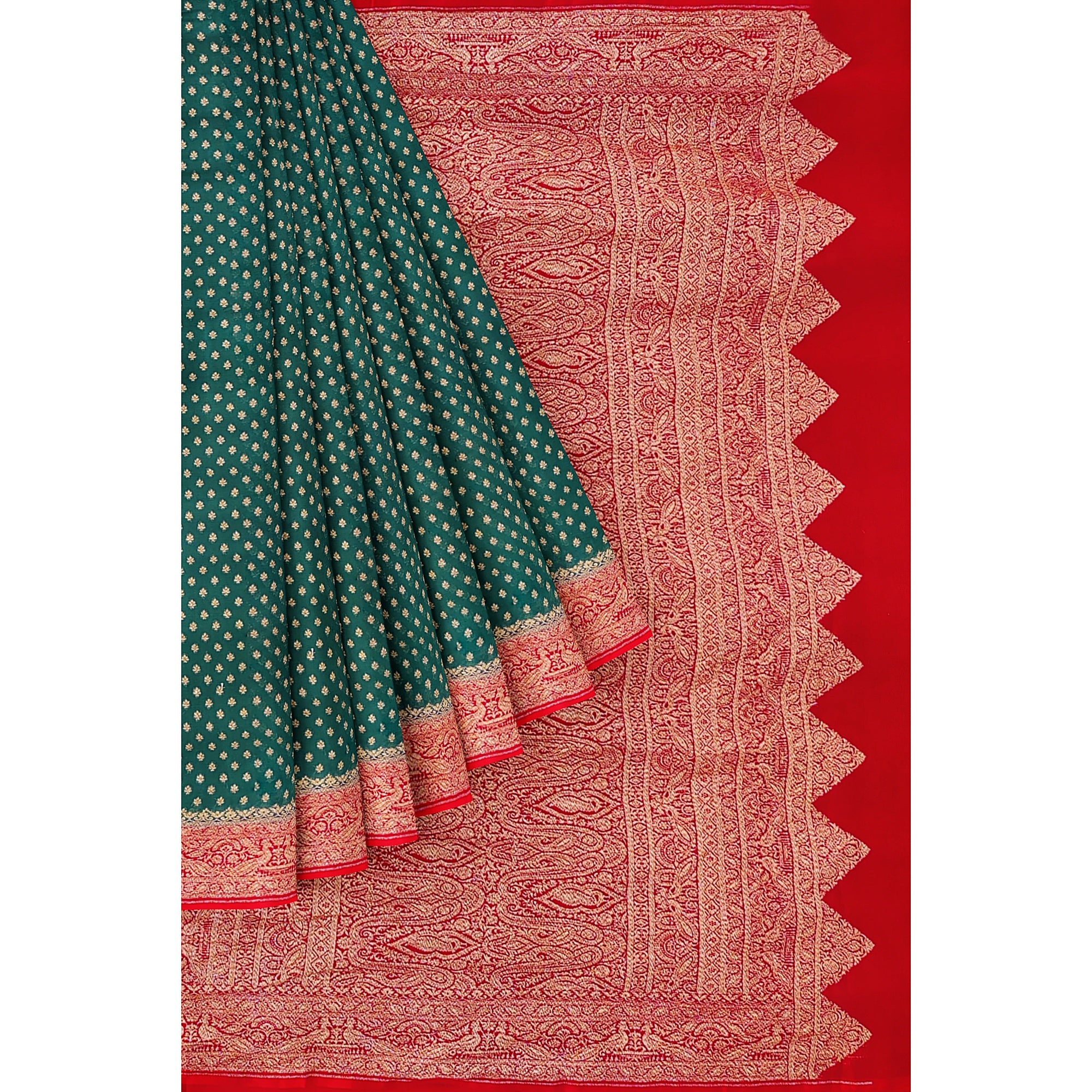 Bottle Green Kanjivaram Silk Saree with Rich Red Zari Border – Classic Handloom Wedding Saree Online - New Sudarshan Silks`