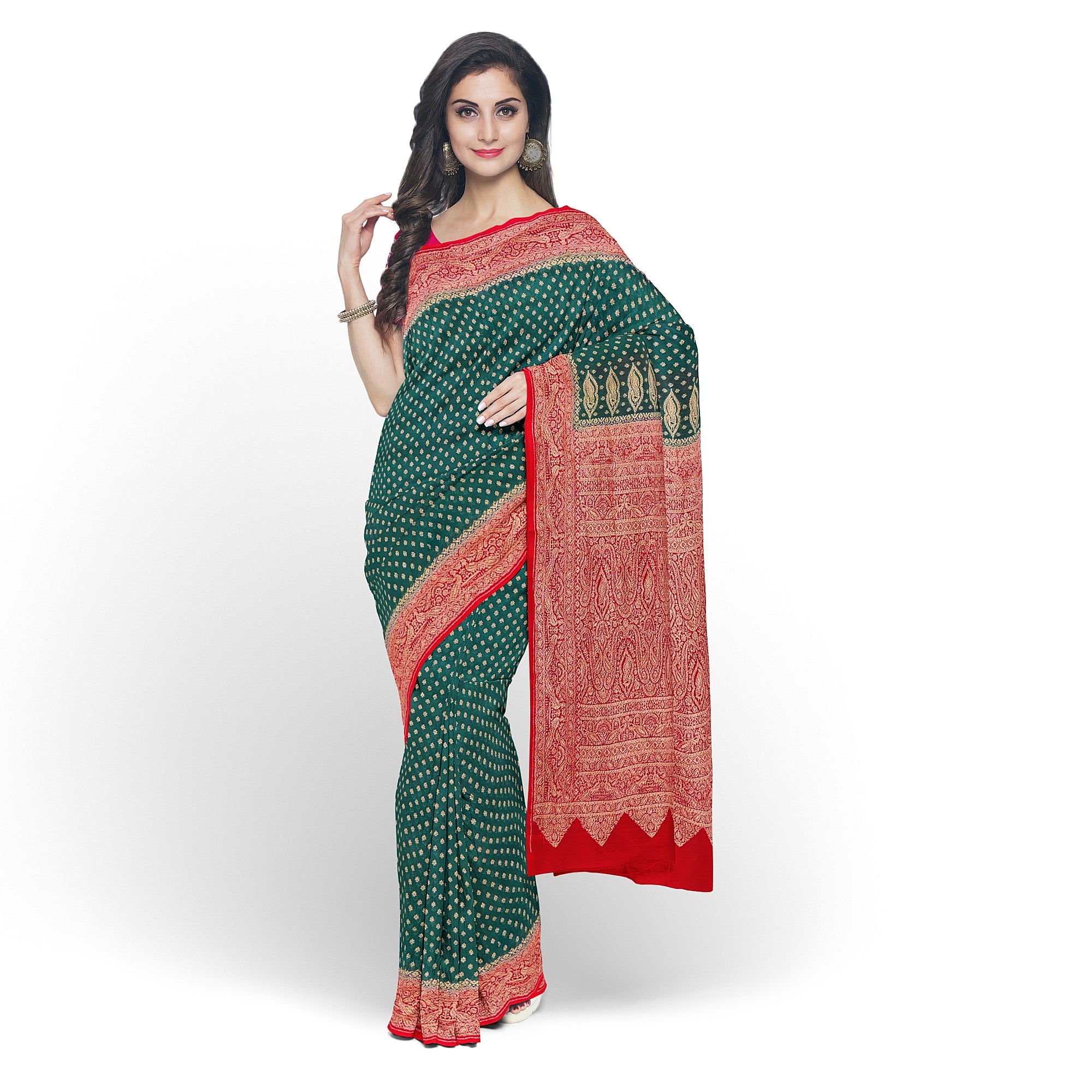 Bottle Green Kanjivaram Silk Saree with Rich Red Zari Border – Classic Handloom Wedding Saree Online - New Sudarshan Silks`