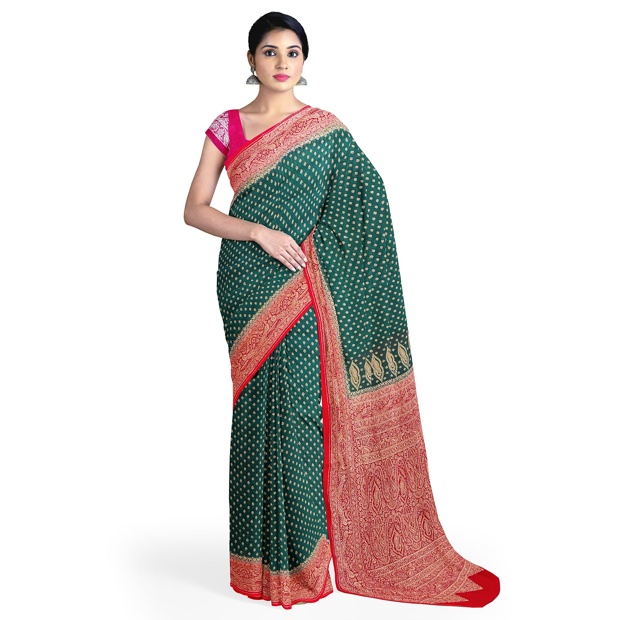 Bottle Green Kanjivaram Silk Saree with Rich Red Zari Border – Classic Handloom Wedding Saree Online - New Sudarshan Silks`