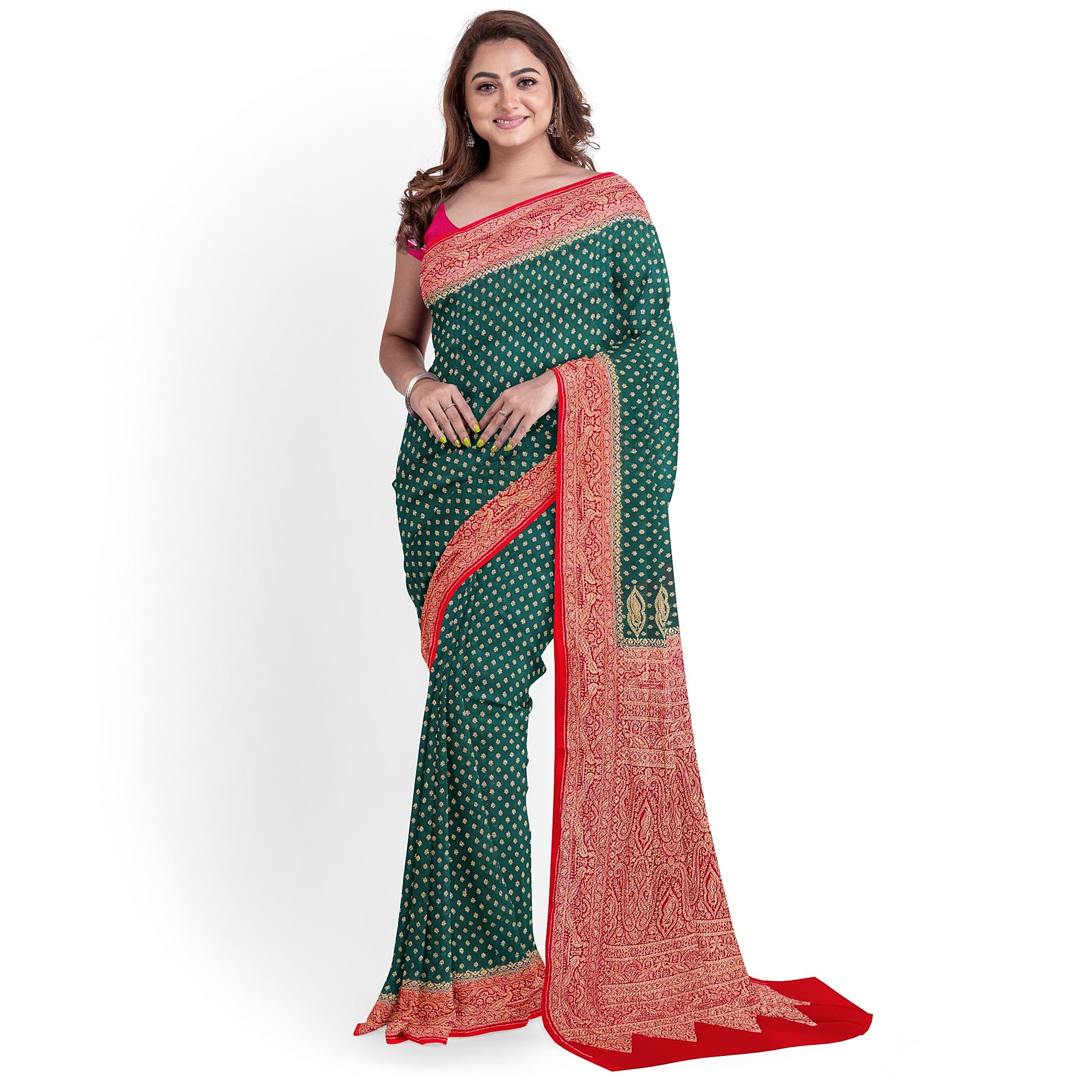 Bottle Green Kanjivaram Silk Saree with Rich Red Zari Border – Classic Handloom Wedding Saree Online - New Sudarshan Silks`