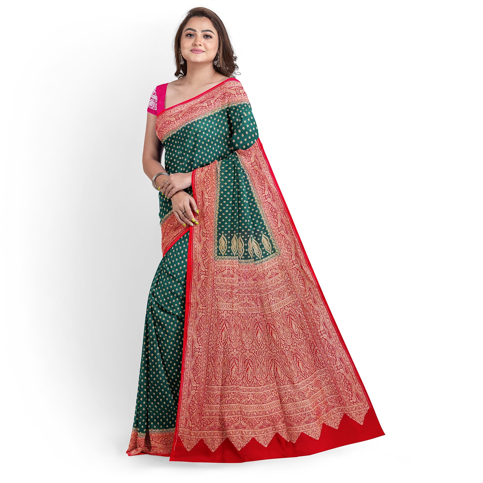 Bottle Green Kanjivaram Silk Saree with Rich Red Zari Border – Classic Handloom Wedding Saree Online - New Sudarshan Silks`