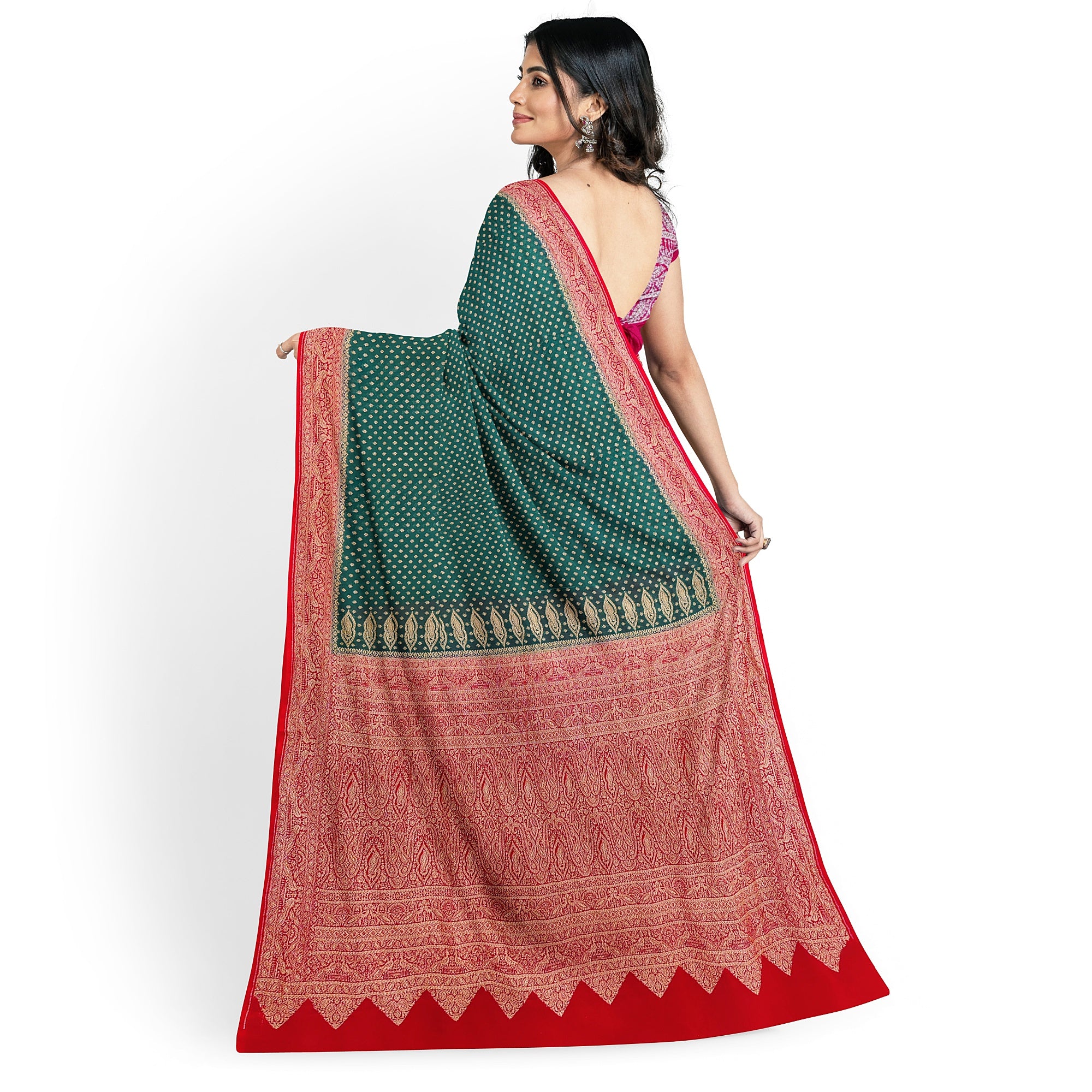 Bottle Green Kanjivaram Silk Saree with Rich Red Zari Border – Classic Handloom Wedding Saree Online - New Sudarshan Silks`