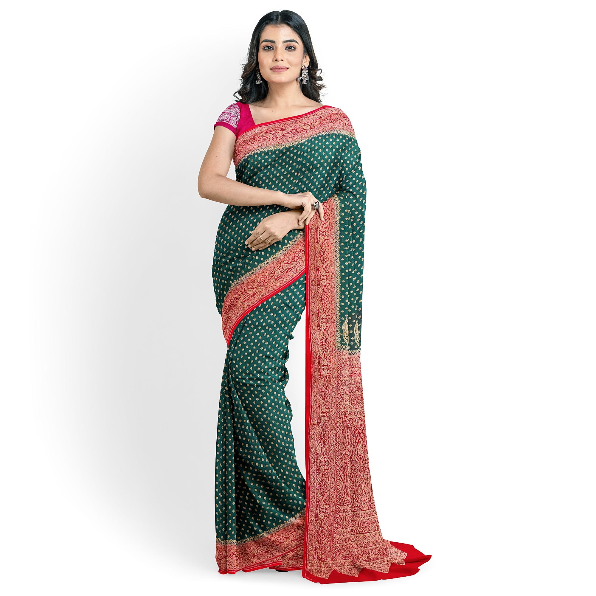 Bottle Green Kanjivaram Silk Saree with Rich Red Zari Border – Classic Handloom Wedding Saree Online - New Sudarshan Silks`