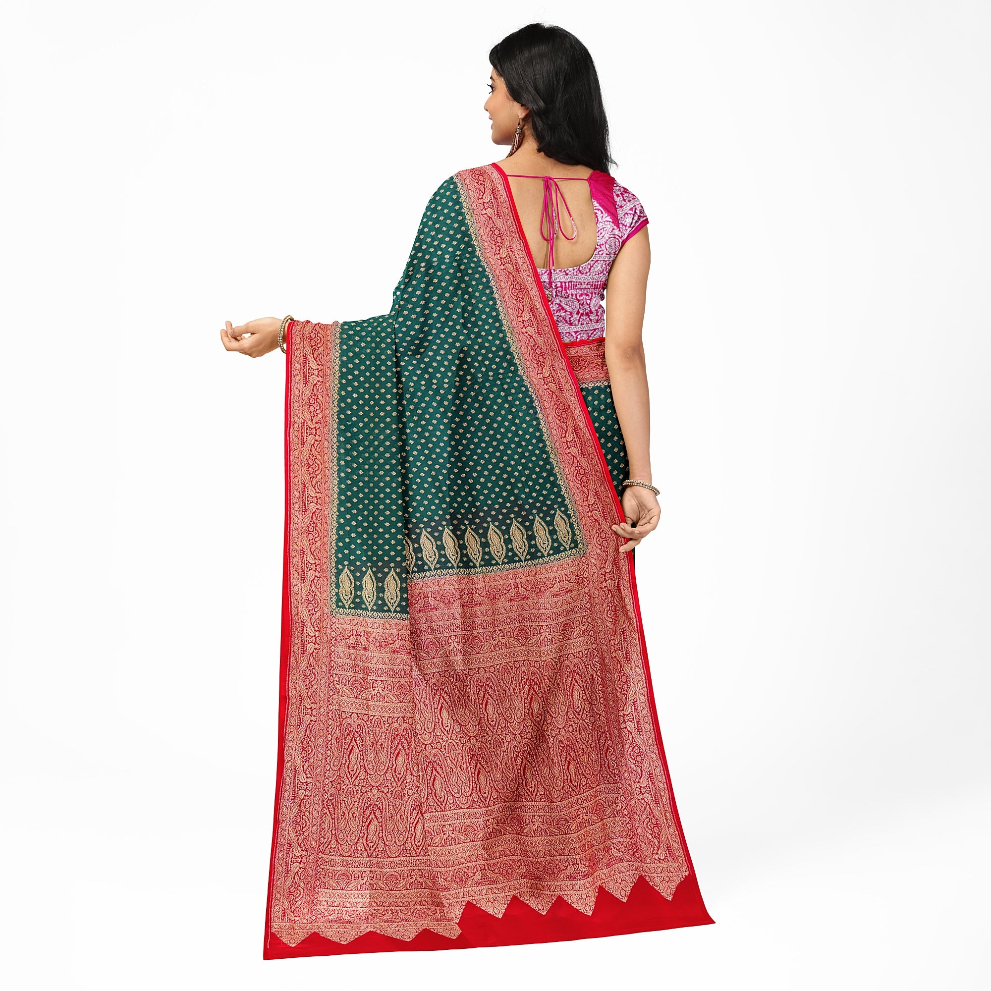 Bottle Green Kanjivaram Silk Saree with Rich Red Zari Border – Classic Handloom Wedding Saree Online - New Sudarshan Silks`