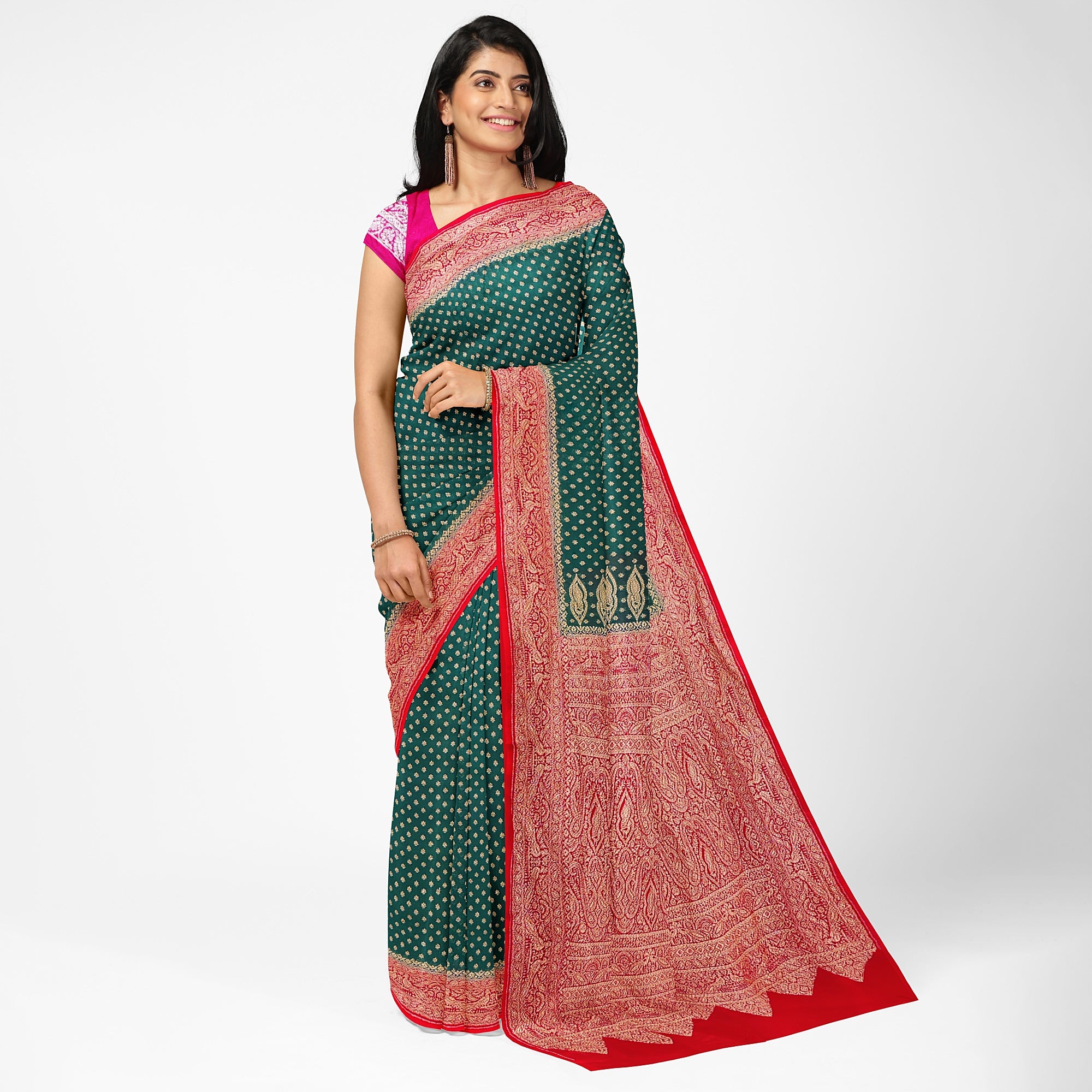 Bottle Green Kanjivaram Silk Saree with Rich Red Zari Border – Classic Handloom Wedding Saree Online - New Sudarshan Silks`