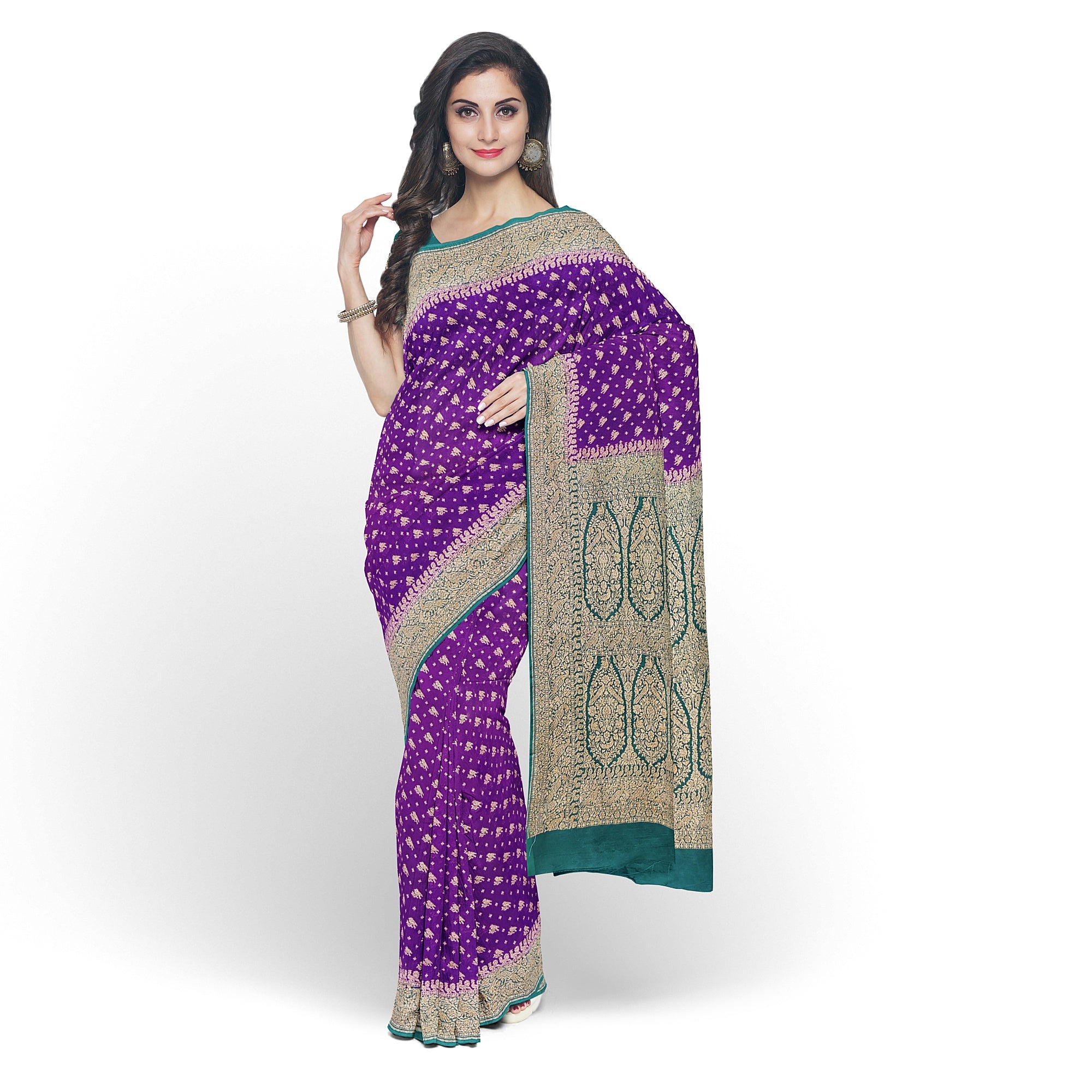 Wine Pure Georgette Silk Saree with Bottle Green Parrot Butta – Luxurious Designer Saree for Celebrations Online - New Sudarshan Silks`
