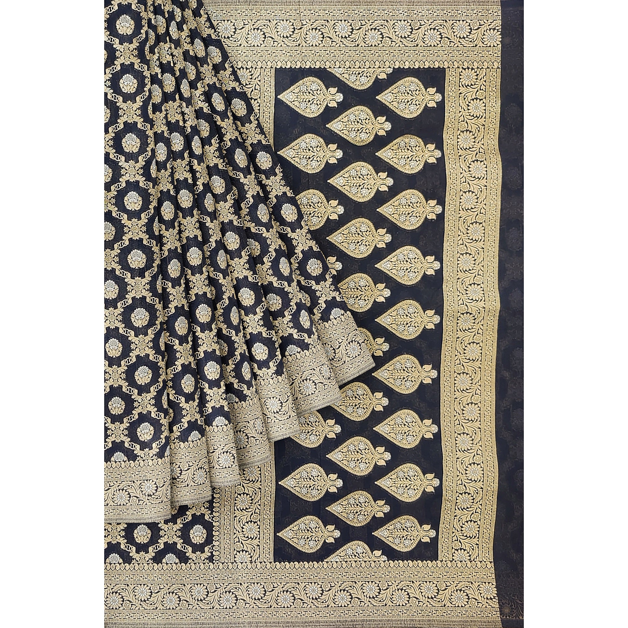 Black Semi Georgette Silk Saree with Zari Border – Timeless Grace in Lightweight Drape Online - New Sudarshan Silks`