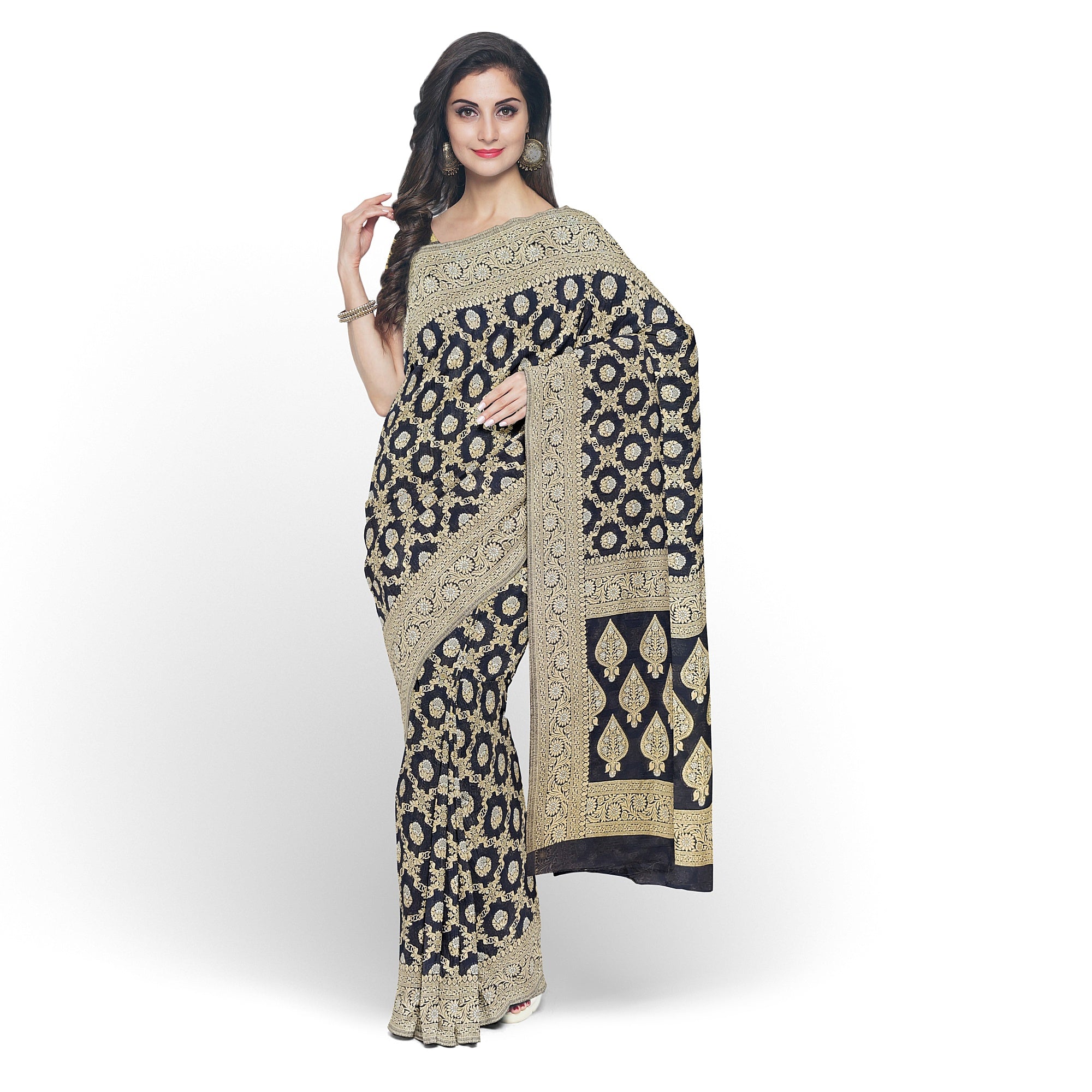 Black Semi Georgette Silk Saree with Zari Border – Timeless Grace in Lightweight Drape Online - New Sudarshan Silks`
