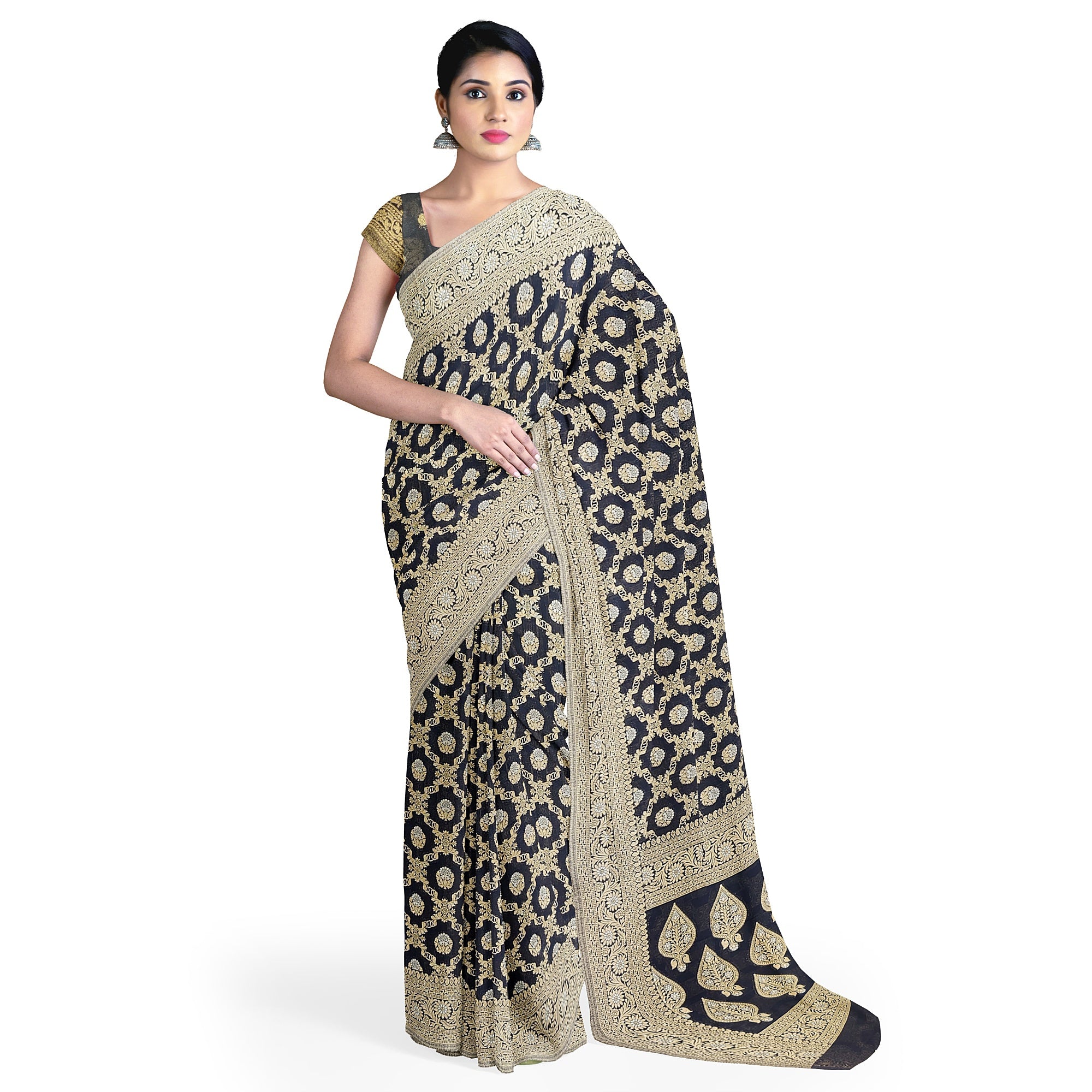 Black Semi Georgette Silk Saree with Zari Border – Timeless Grace in Lightweight Drape Online - New Sudarshan Silks`