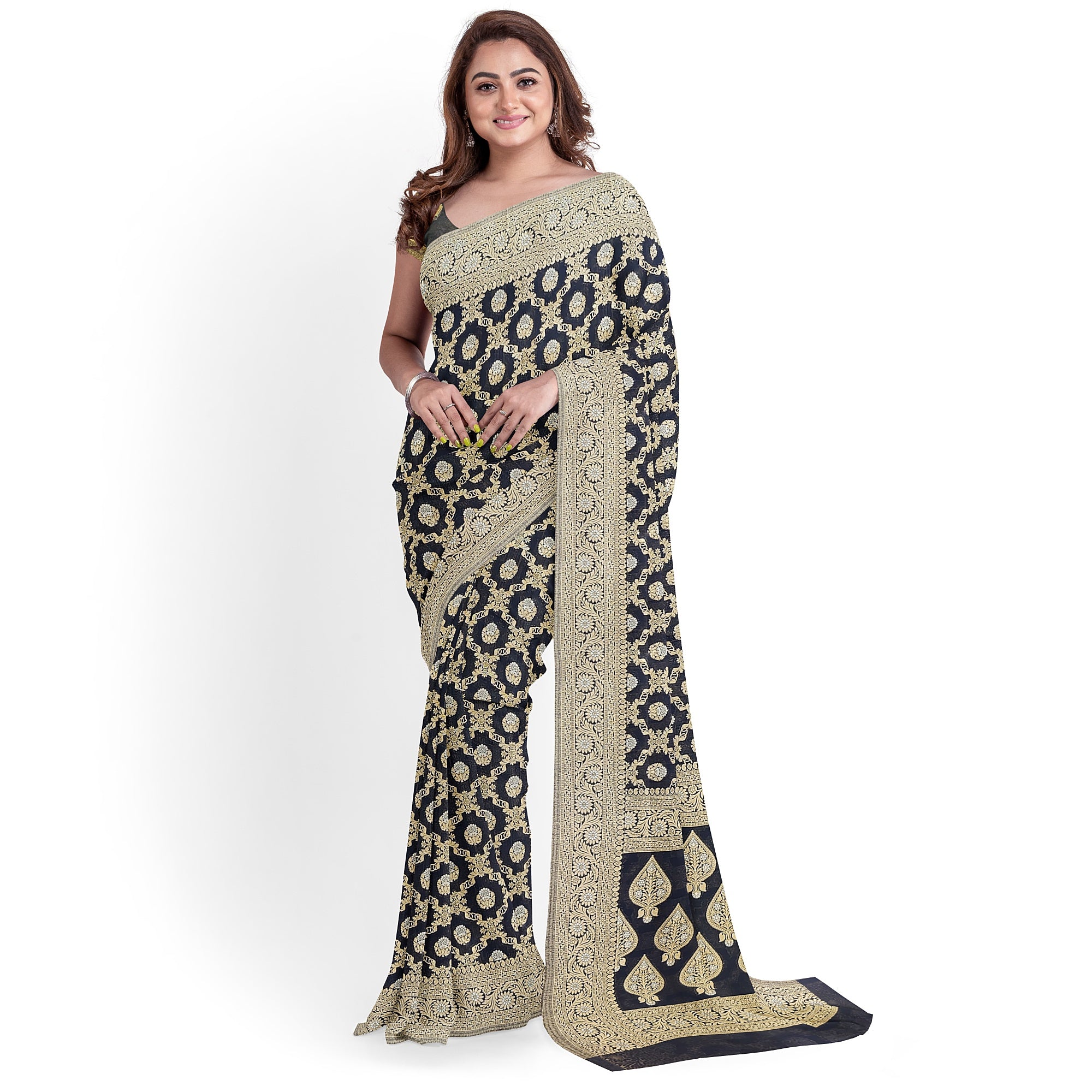 Black Semi Georgette Silk Saree with Zari Border – Timeless Grace in Lightweight Drape Online - New Sudarshan Silks`
