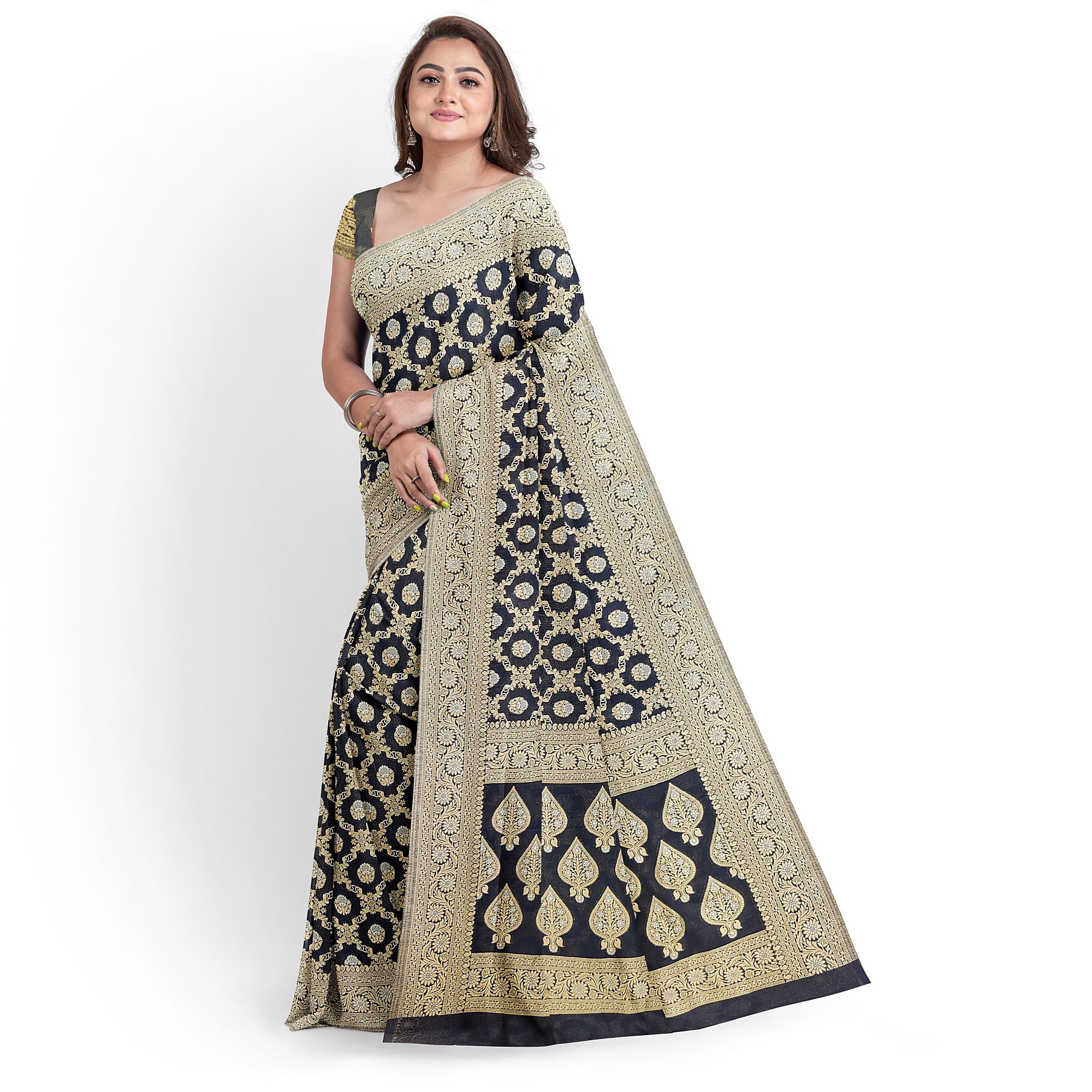 Black Semi Georgette Silk Saree with Zari Border – Timeless Grace in Lightweight Drape Online - New Sudarshan Silks`