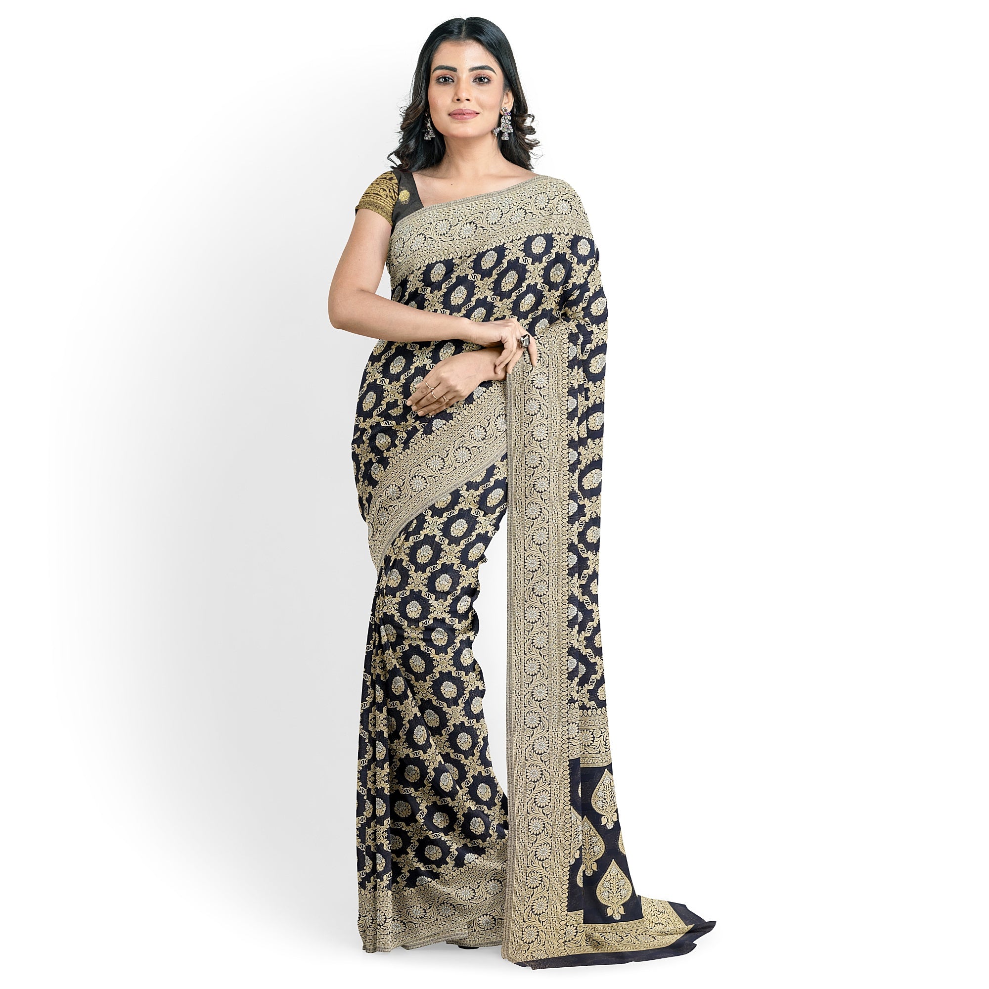 Black Semi Georgette Silk Saree with Zari Border – Timeless Grace in Lightweight Drape Online - New Sudarshan Silks`