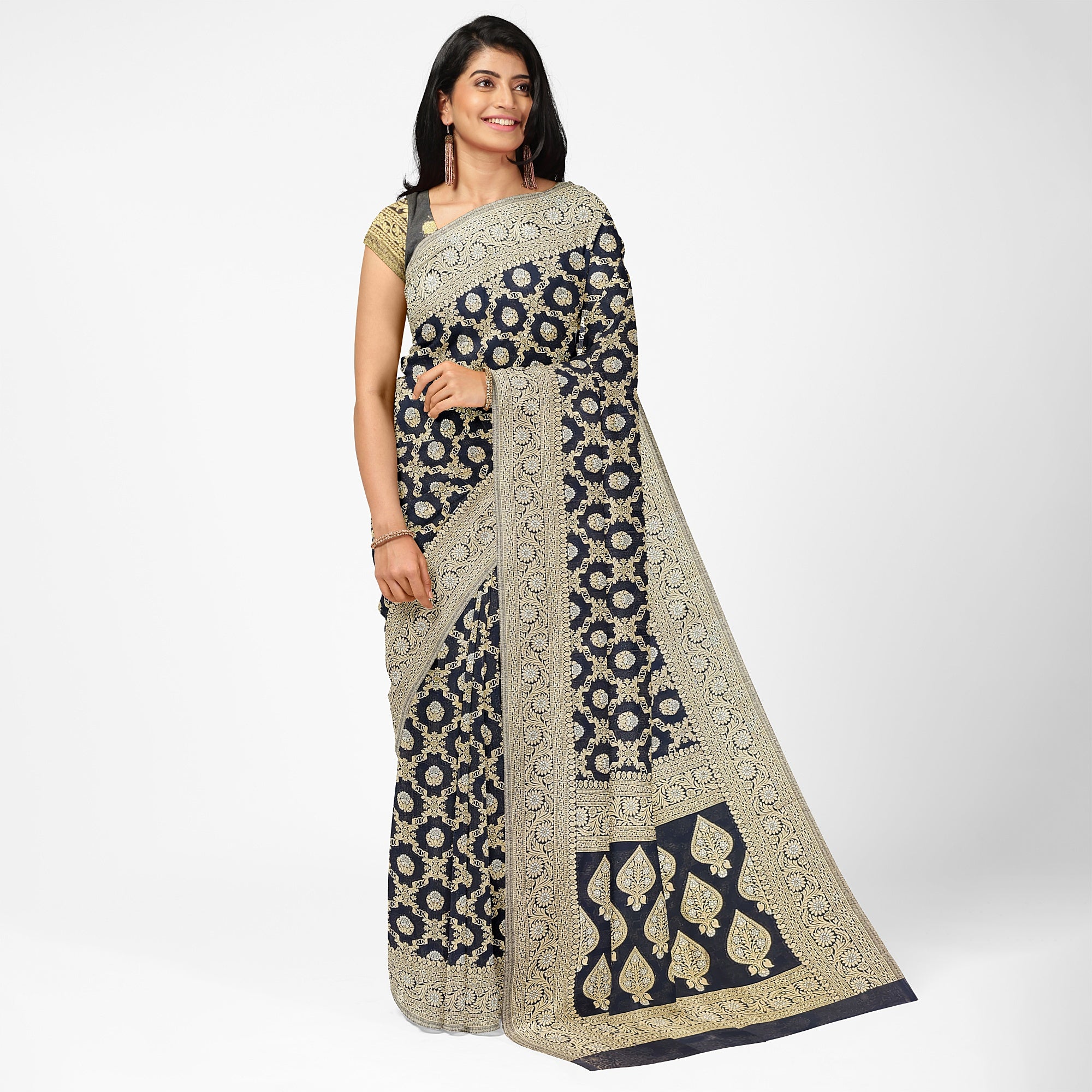 Black Semi Georgette Silk Saree with Zari Border – Timeless Grace in Lightweight Drape Online - New Sudarshan Silks`