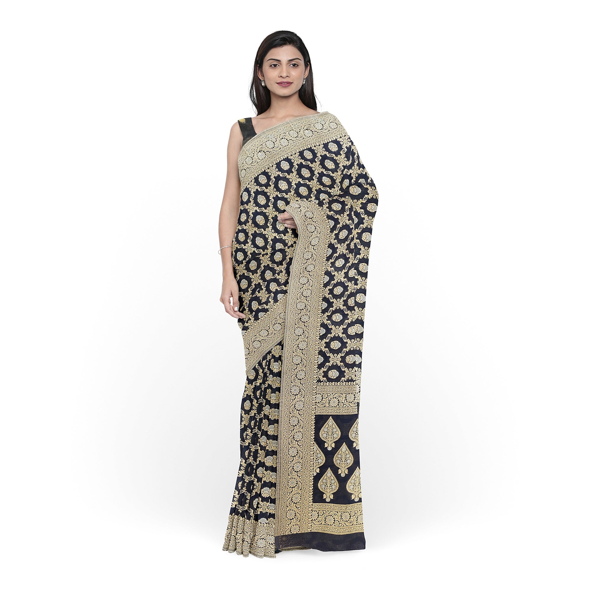 Black Semi Georgette Silk Saree with Zari Border – Timeless Grace in Lightweight Drape Online - New Sudarshan Silks`