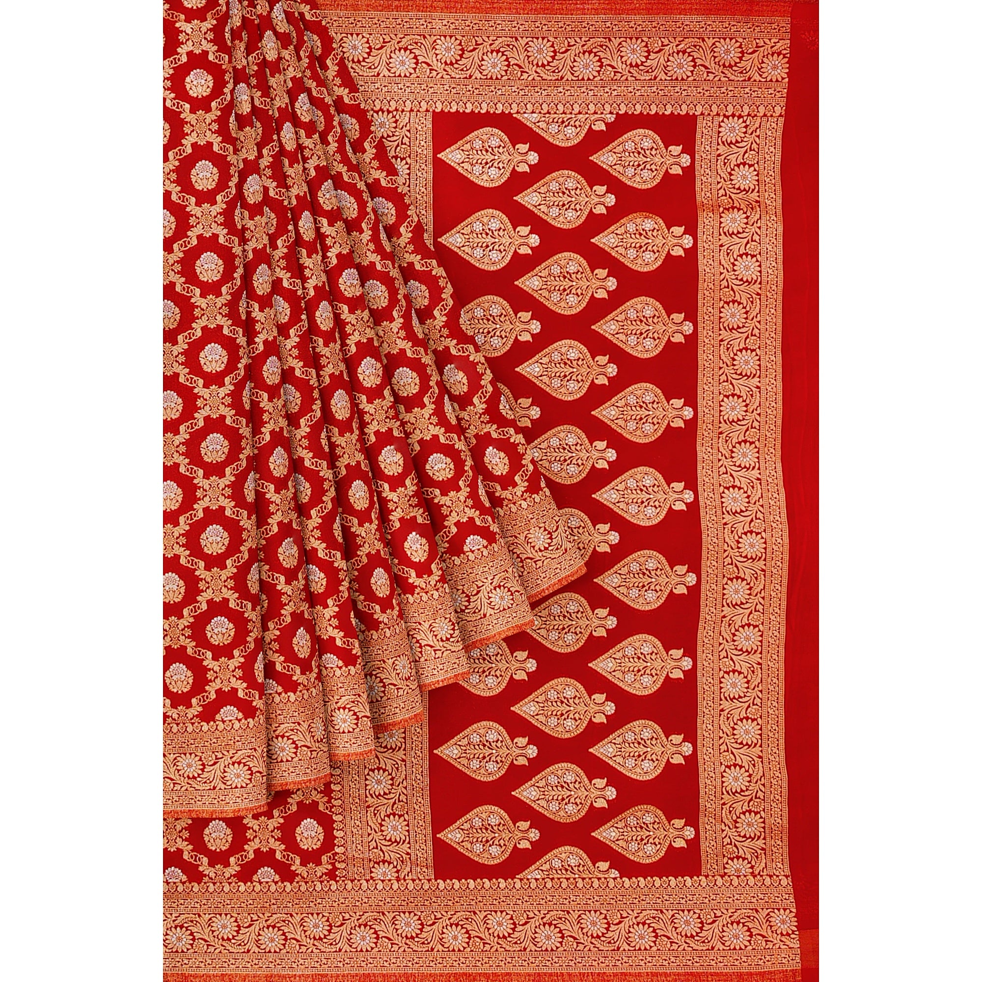 Red Semi Georgette Silk Saree with Zari Work – Festive Elegance in a Lightweight Drape Online - New Sudarshan Silks`