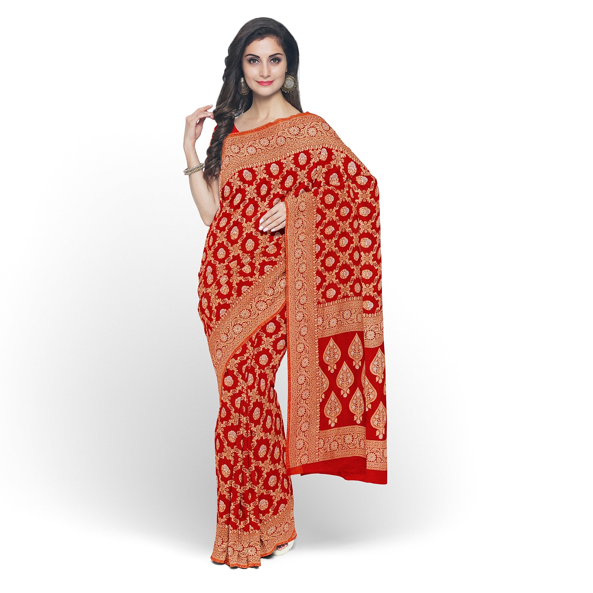 Red Semi Georgette Silk Saree with Zari Work – Festive Elegance in a Lightweight Drape Online - New Sudarshan Silks`