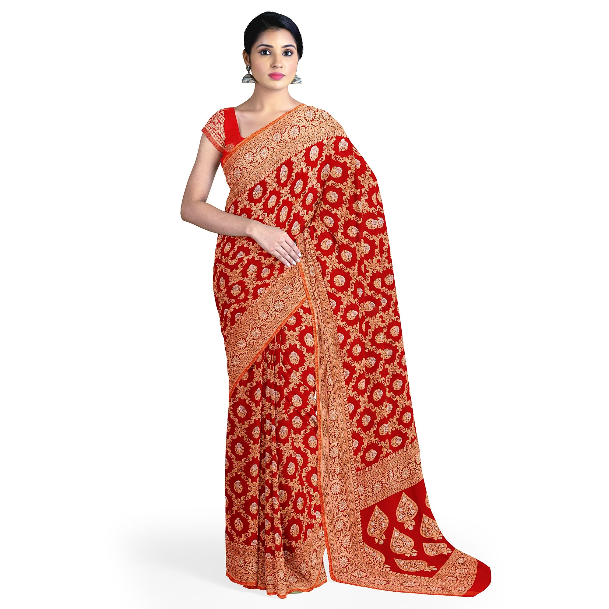 Red Semi Georgette Silk Saree with Zari Work – Festive Elegance in a Lightweight Drape Online - New Sudarshan Silks`