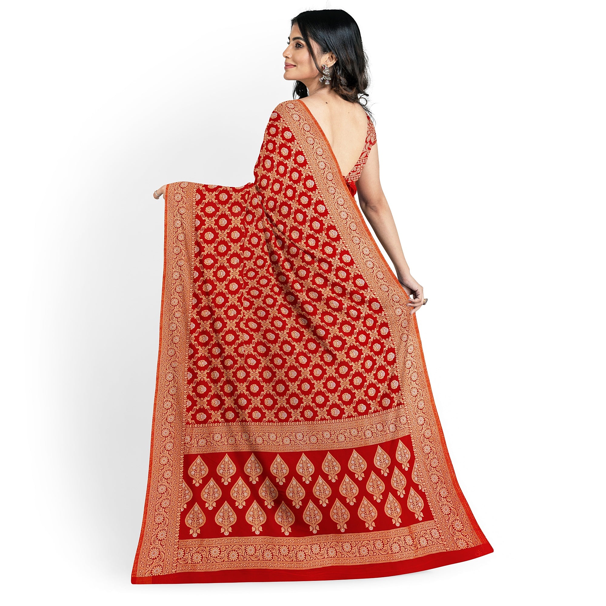 Red Semi Georgette Silk Saree with Zari Work – Festive Elegance in a Lightweight Drape Online - New Sudarshan Silks`