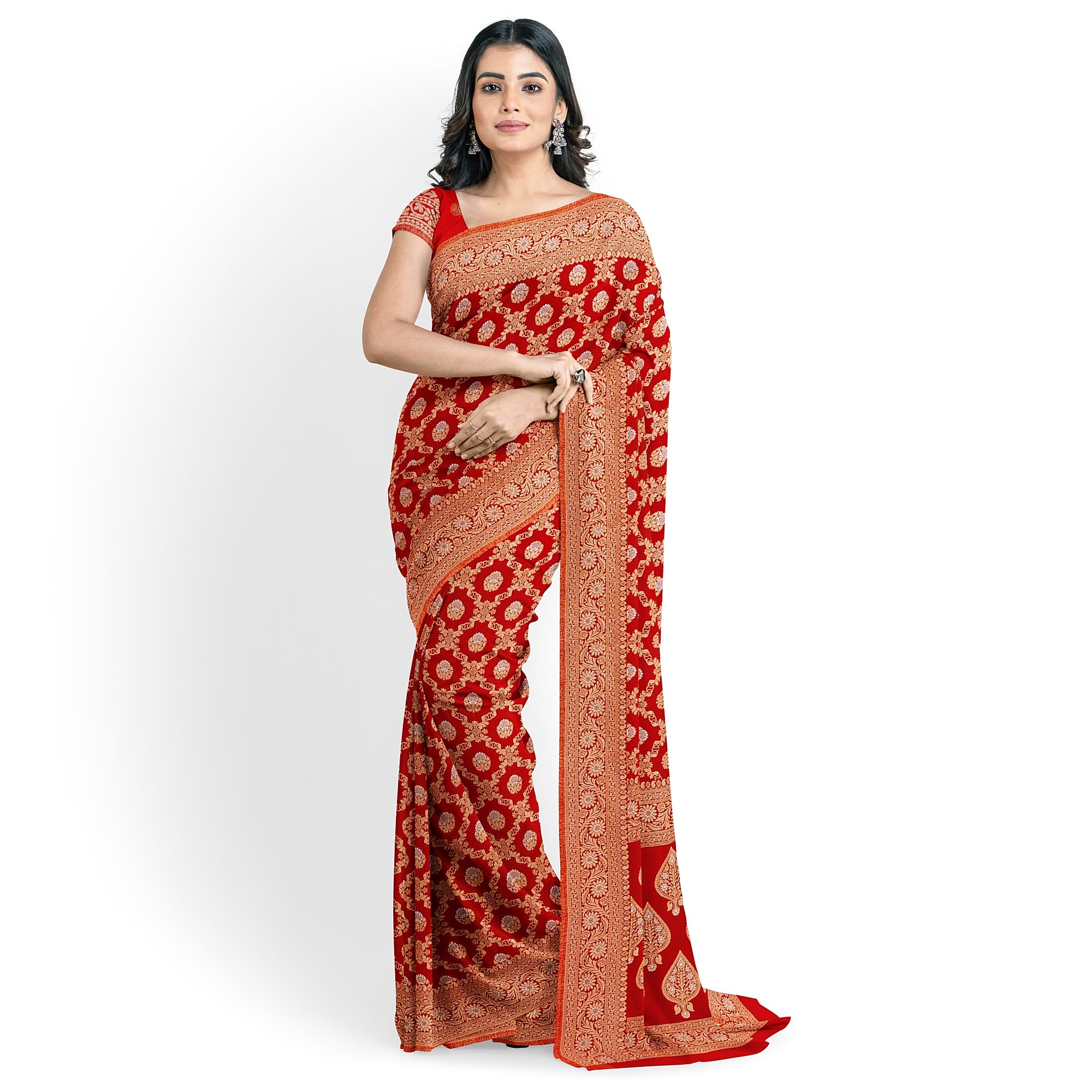 Red Semi Georgette Silk Saree with Zari Work – Festive Elegance in a Lightweight Drape Online - New Sudarshan Silks`