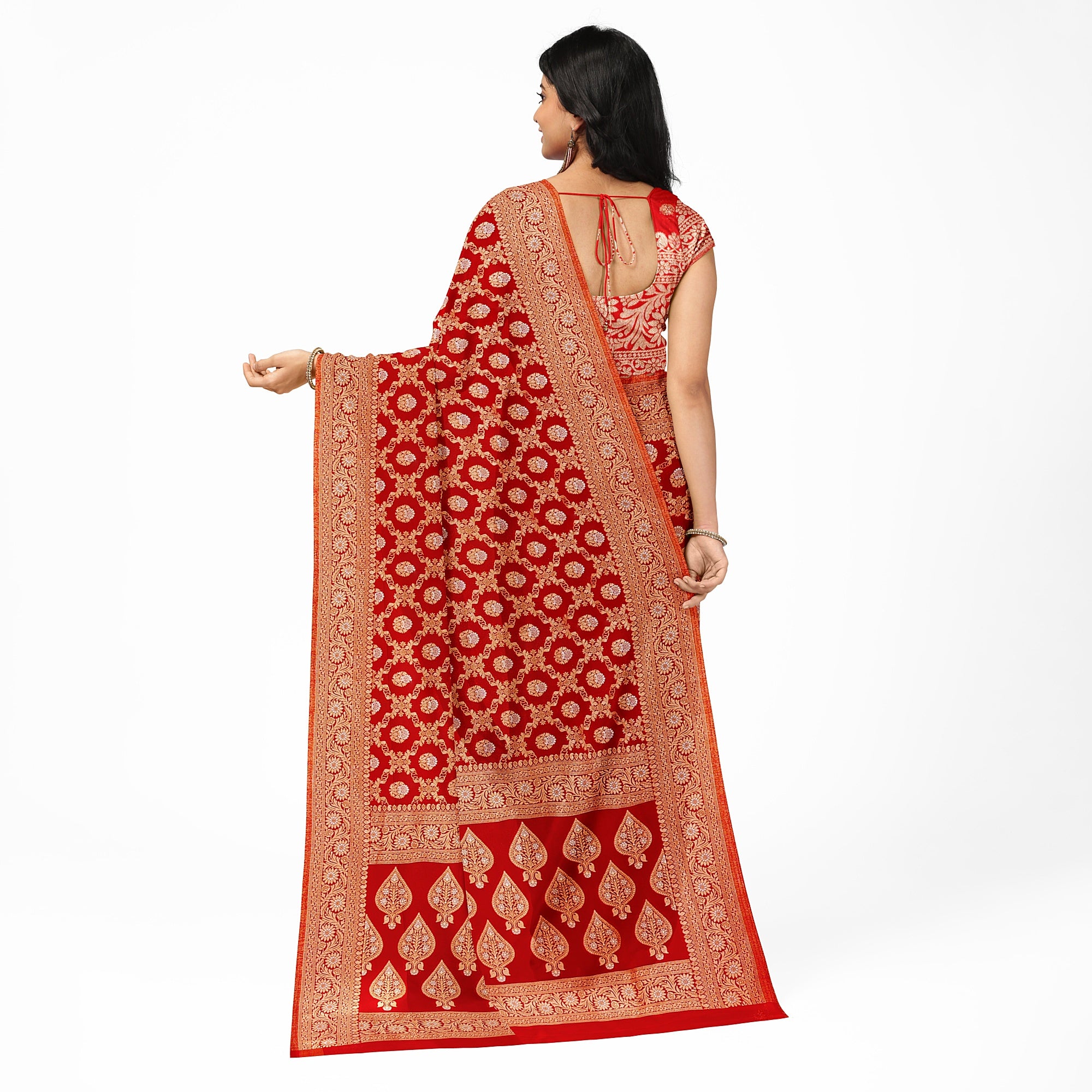 Red Semi Georgette Silk Saree with Zari Work – Festive Elegance in a Lightweight Drape Online - New Sudarshan Silks`