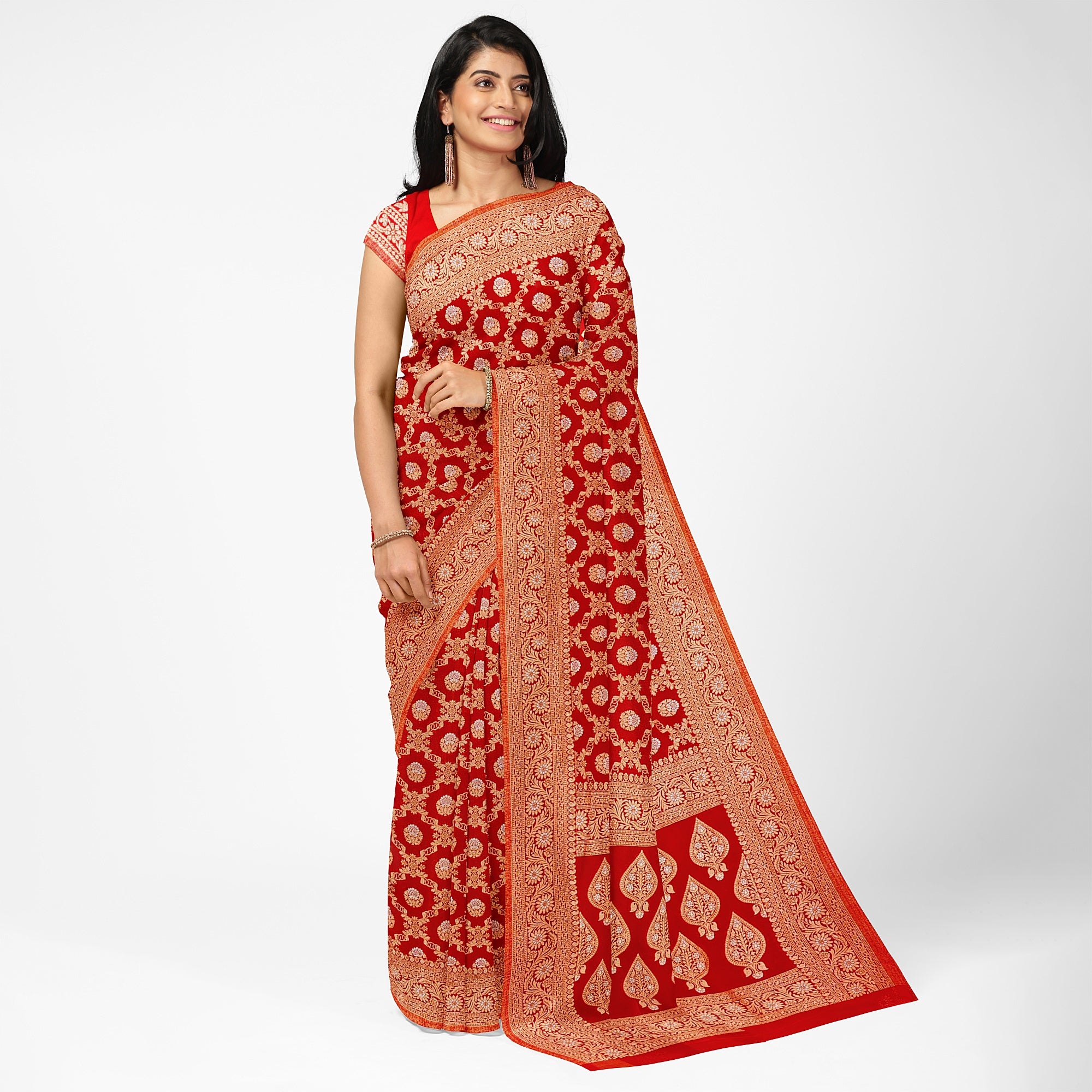 Red Semi Georgette Silk Saree with Zari Work – Festive Elegance in a Lightweight Drape Online - New Sudarshan Silks`