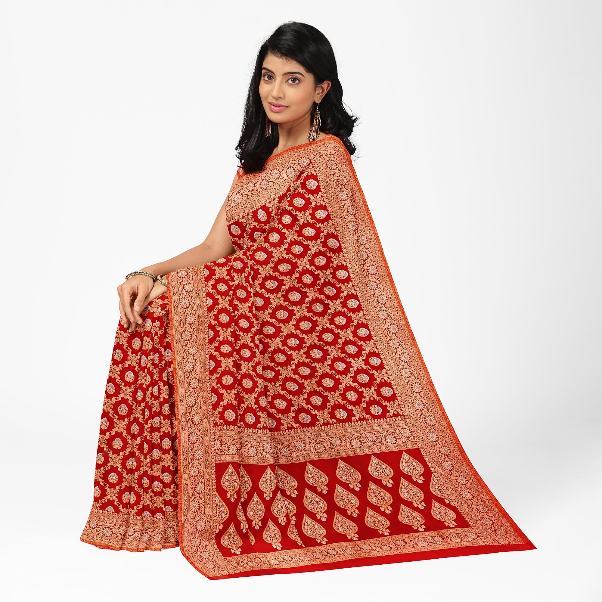 Red Semi Georgette Silk Saree with Zari Work – Festive Elegance in a Lightweight Drape Online - New Sudarshan Silks`