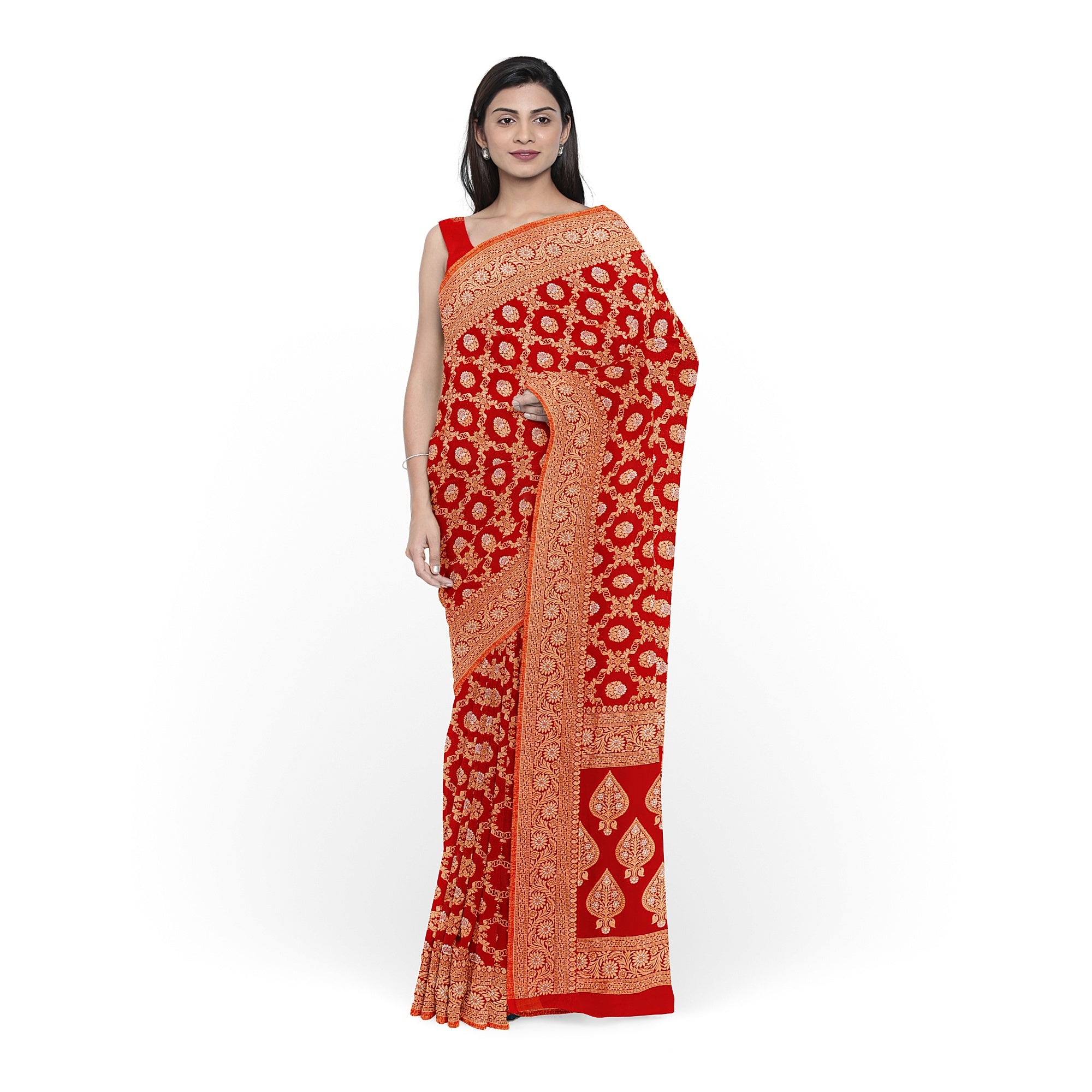 Red Semi Georgette Silk Saree with Zari Work – Festive Elegance in a Lightweight Drape Online - New Sudarshan Silks`