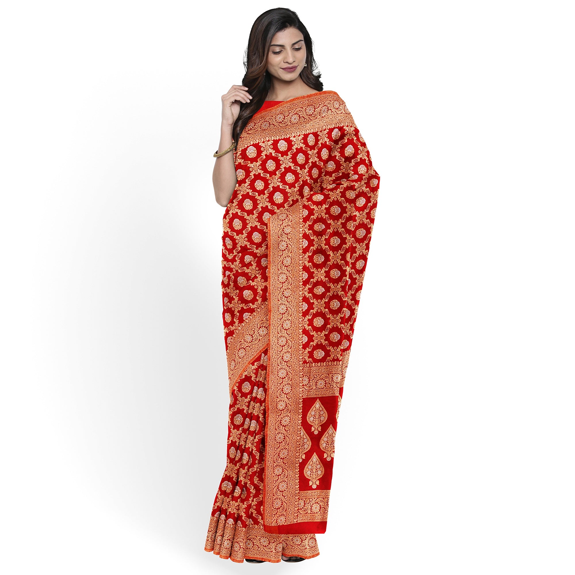 Red Semi Georgette Silk Saree with Zari Work – Festive Elegance in a Lightweight Drape Online - New Sudarshan Silks`