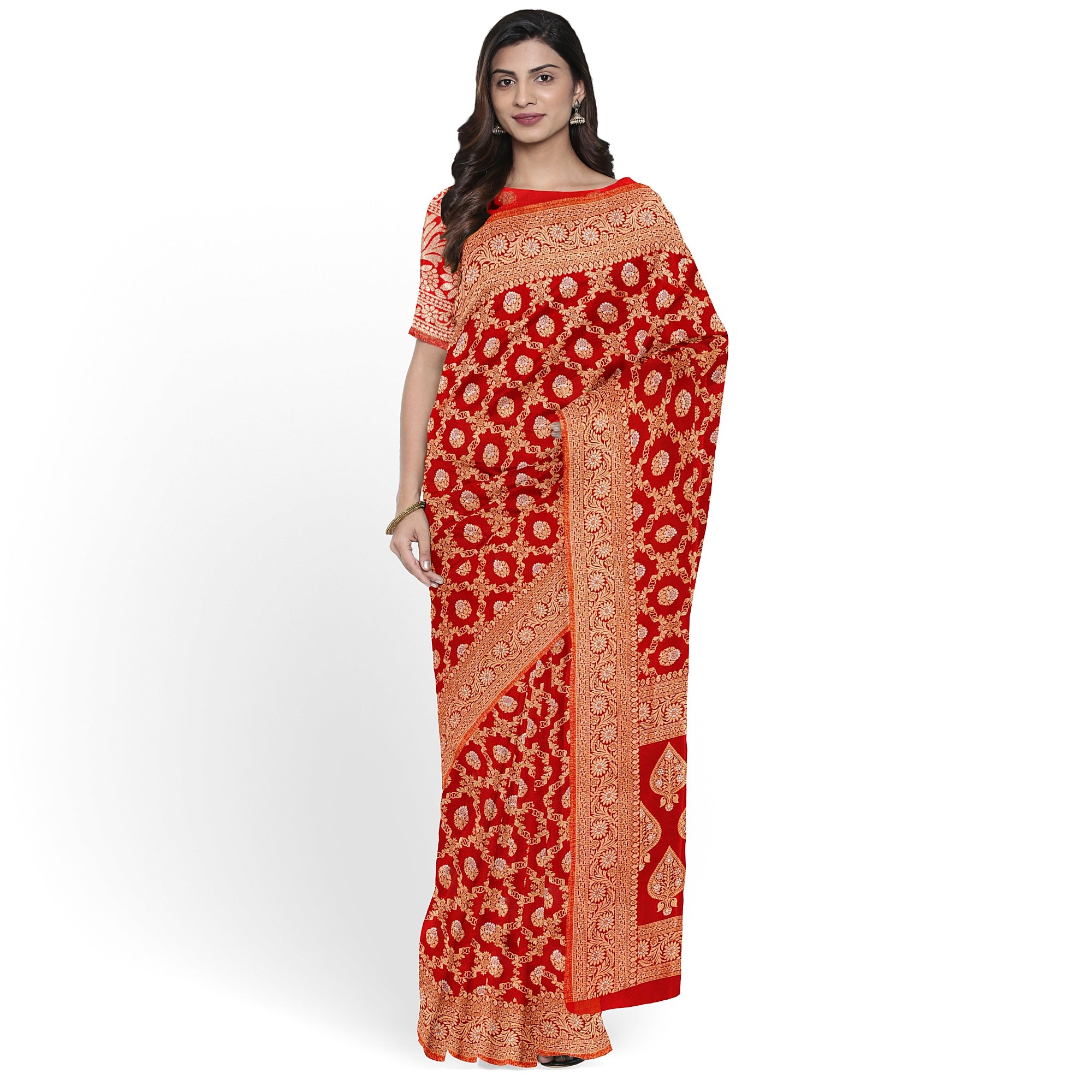 Red Semi Georgette Silk Saree with Zari Work – Festive Elegance in a Lightweight Drape Online - New Sudarshan Silks`