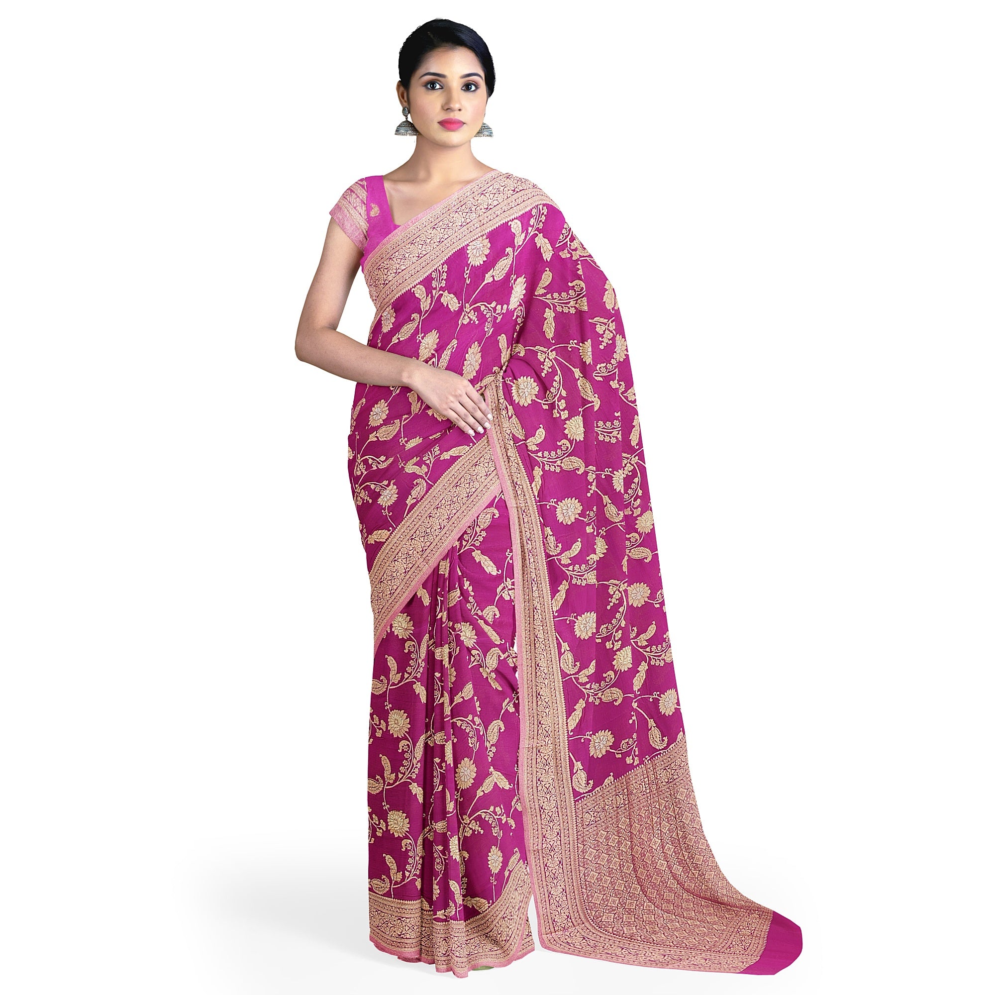 Onion Shade Semi Georgette Silk Saree with Zari Accents – Lightweight Festive Saree Online - New Sudarshan Silks`