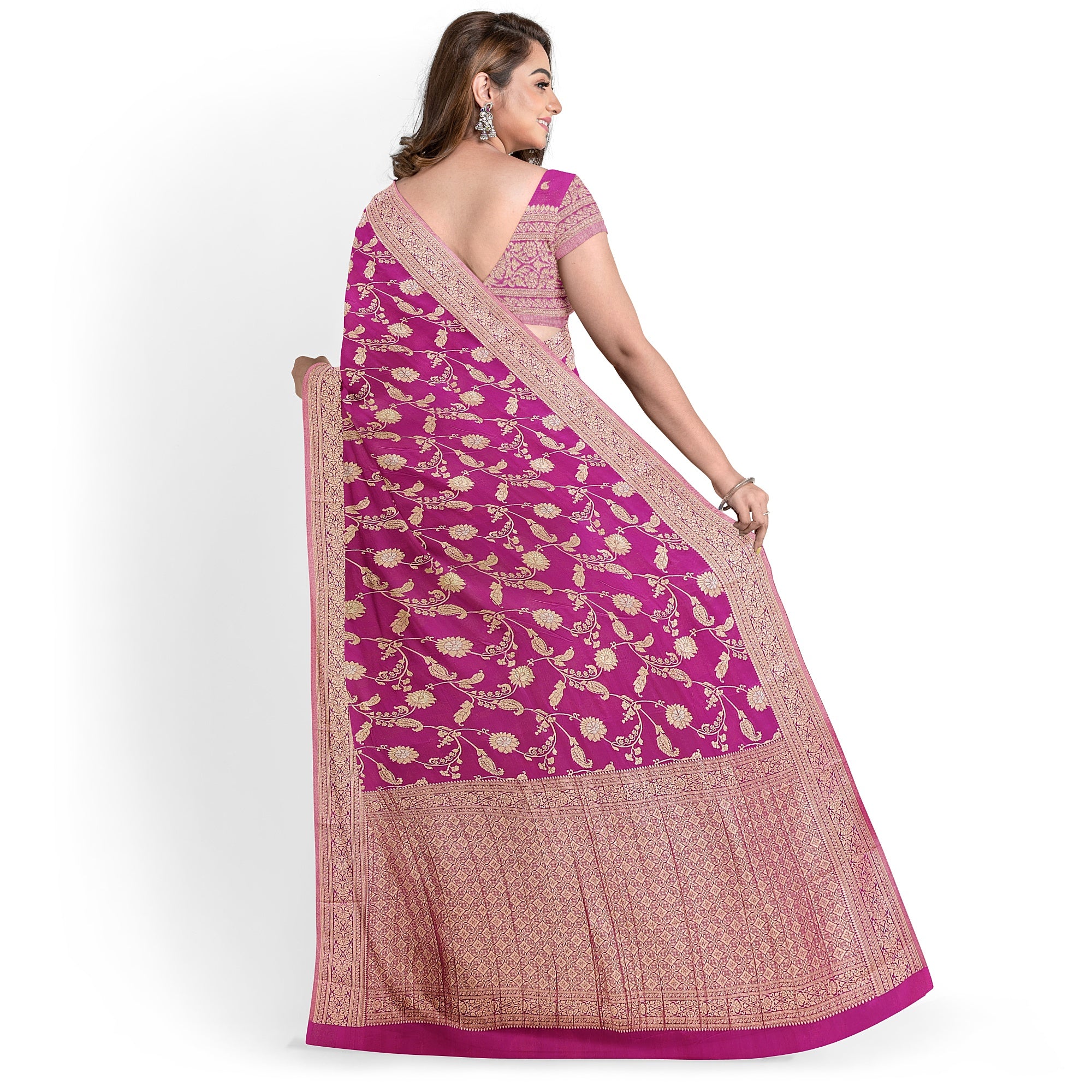 Onion Shade Semi Georgette Silk Saree with Zari Accents – Lightweight Festive Saree Online - New Sudarshan Silks`