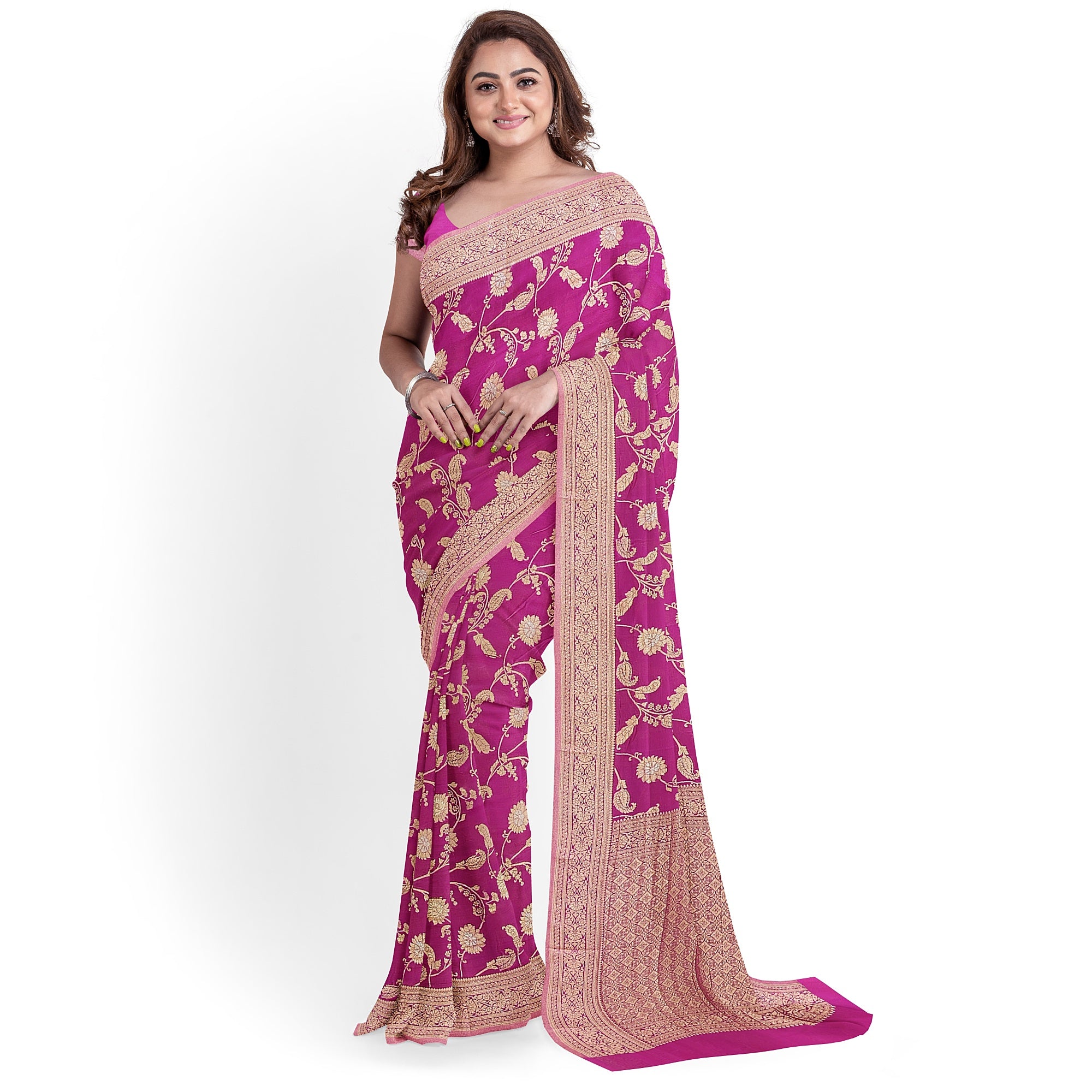 Onion Shade Semi Georgette Silk Saree with Zari Accents – Lightweight Festive Saree Online - New Sudarshan Silks`