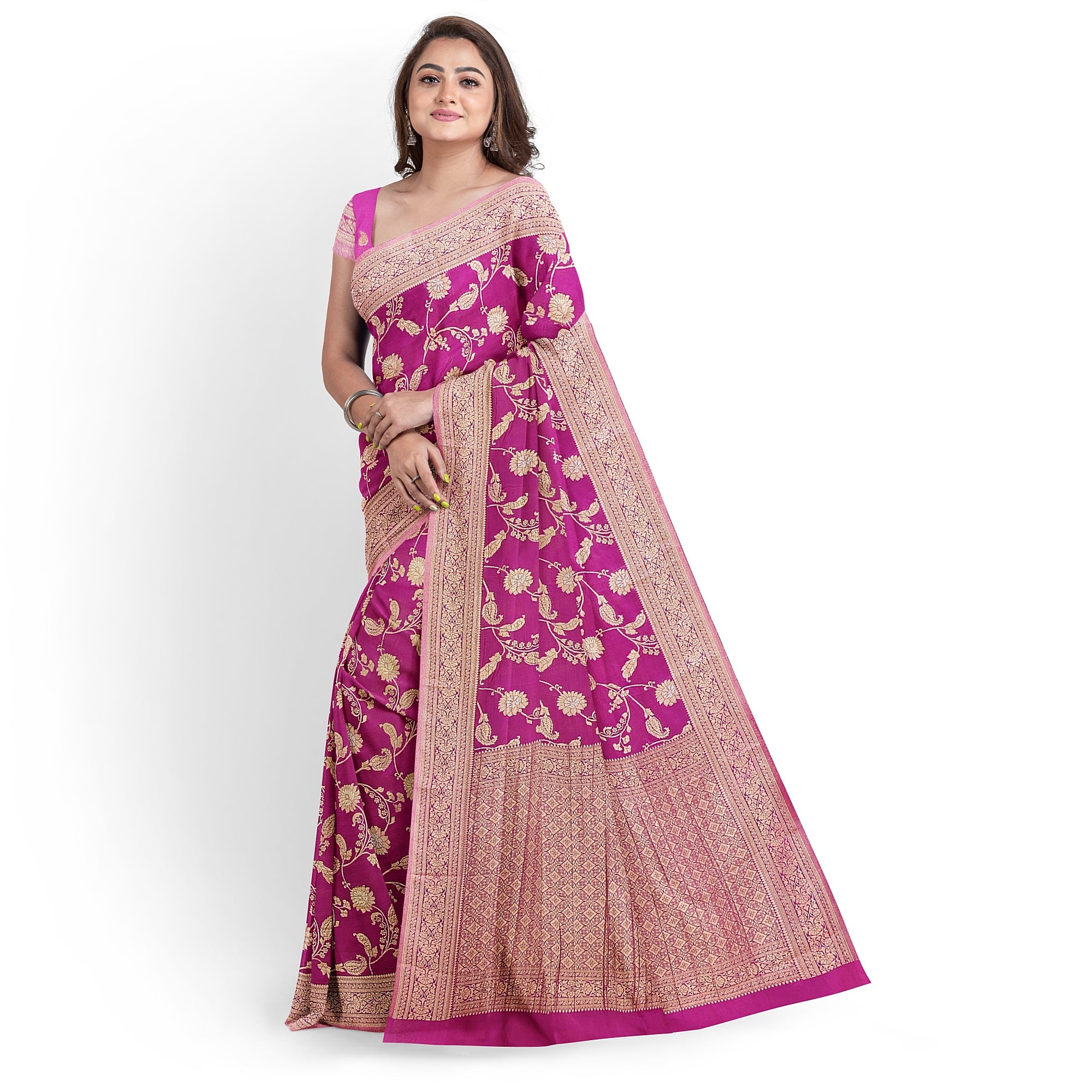 Onion Shade Semi Georgette Silk Saree with Zari Accents – Lightweight Festive Saree Online - New Sudarshan Silks`
