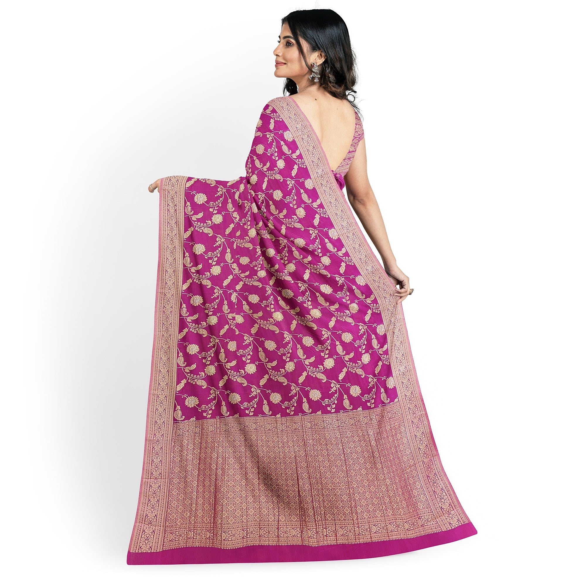 Onion Shade Semi Georgette Silk Saree with Zari Accents – Lightweight Festive Saree Online - New Sudarshan Silks`
