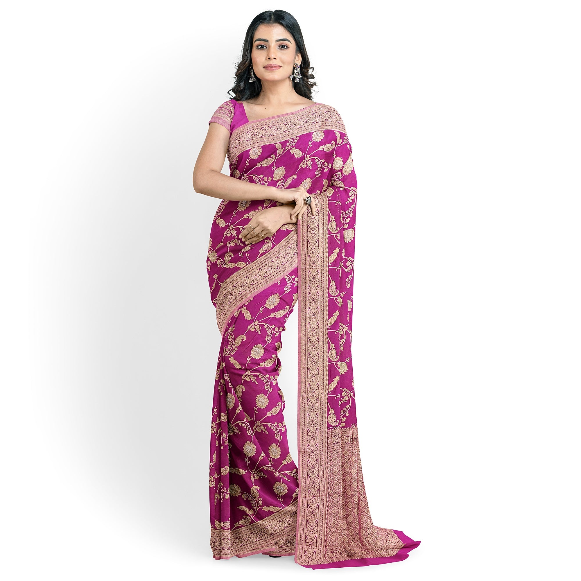 Onion Shade Semi Georgette Silk Saree with Zari Accents – Lightweight Festive Saree Online - New Sudarshan Silks`