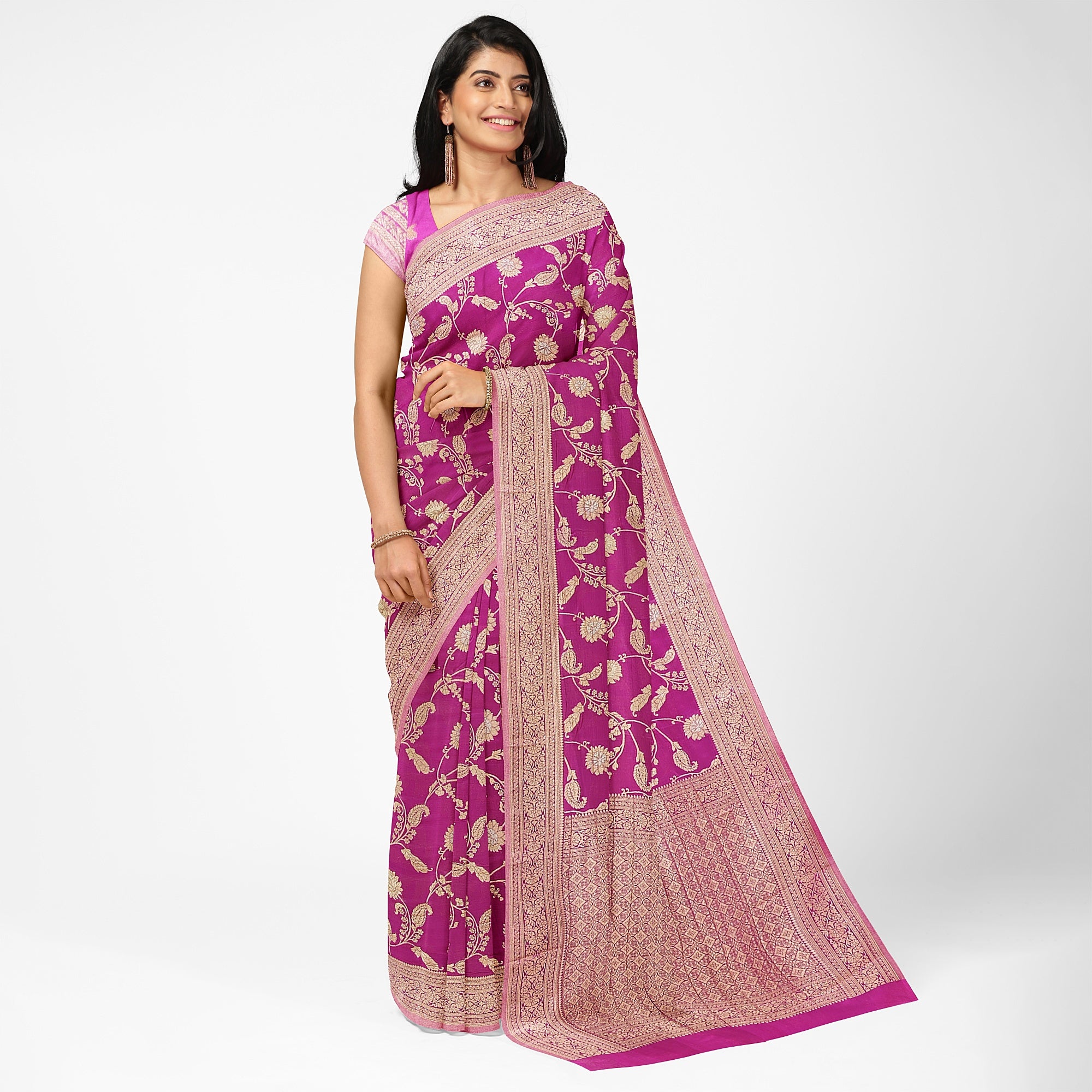 Onion Shade Semi Georgette Silk Saree with Zari Accents – Lightweight Festive Saree Online - New Sudarshan Silks`